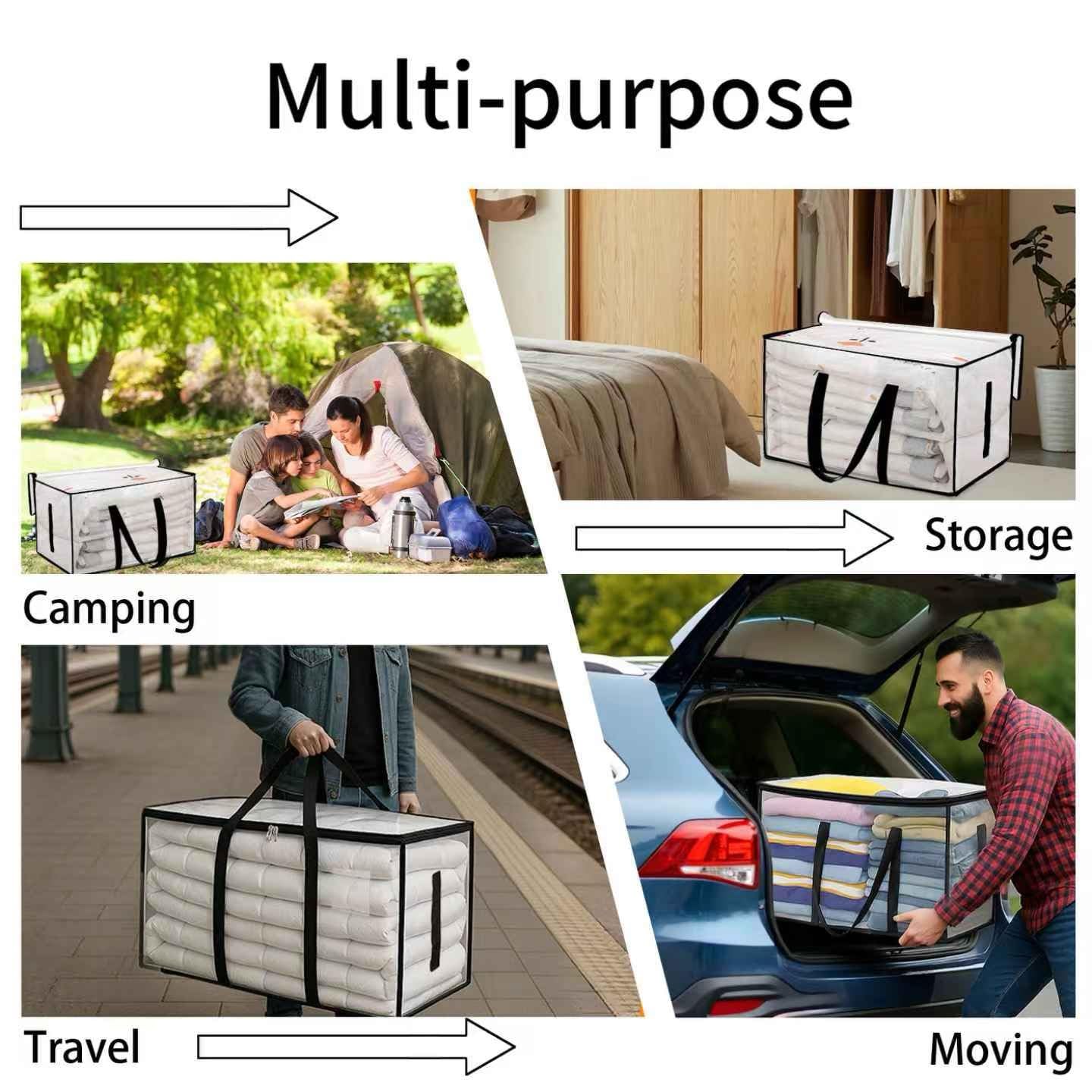 6 Pack-Extra Large Heavy Duty Moving Bags - Waterproof Storage Totes with Handles & Zippers, Foldable for College Dorm, Storage (Clear)