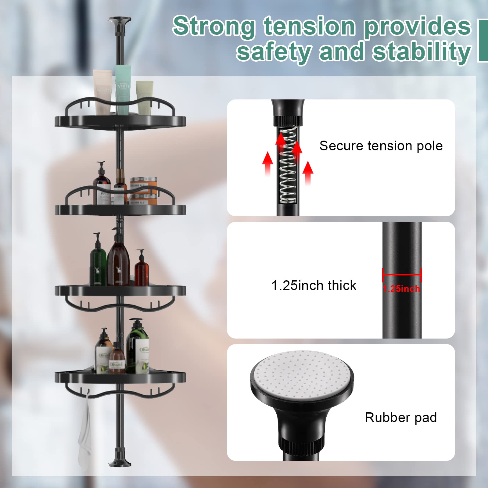 COCONUT Shower Caddy Tension Pole, Corner Shower Caddy Rust Proof 4 Tier Shower Organizer, Drill Free Telescoping Shower Shelves for Bathroom Bathtub (Black)