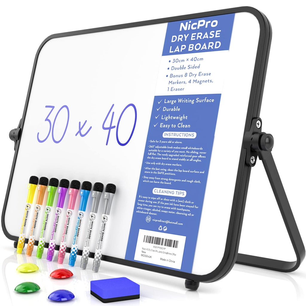 Nicpro Dry Erase Small Whiteboard A3 with Non-Slip Stand, 12 x 16'' Double Sided Magnetic Desktop White Board with 8 Pens, Eraser, Magnet, Portable Writing Easel for Kid Drawing Student Classroom Use