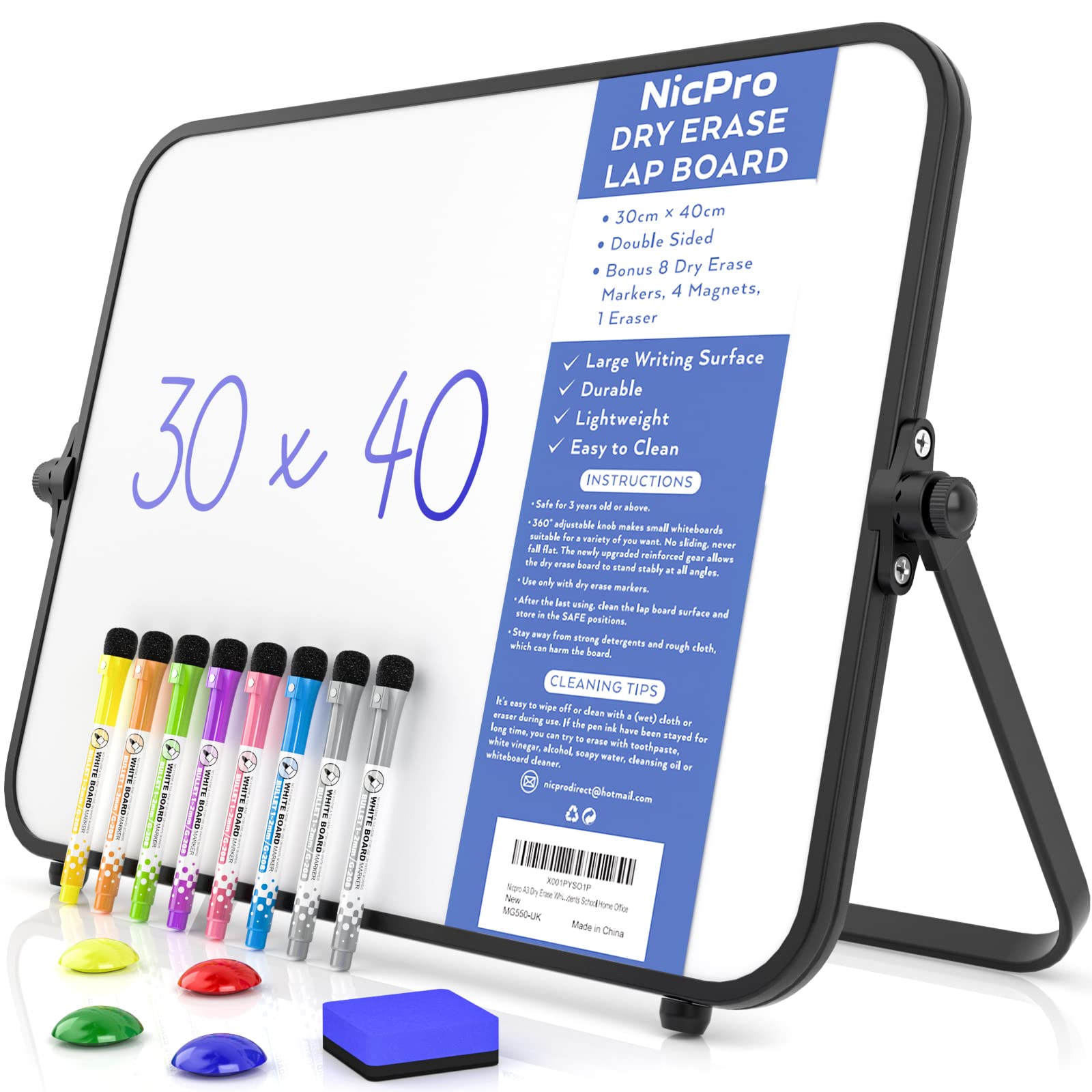 Nicpro Dry Erase Small Whiteboard A3 with Non-Slip Stand, 12 x 16'' Double Sided Magnetic Desktop White Board with 8 Pens, Eraser, Magnet, Portable Writing Easel for Kid Drawing Student Classroom Use