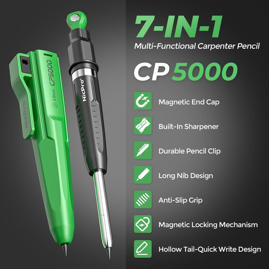 Nicpro CP5000 Carpenter Pencil with Armored Exterior, Multifunction Portable All-in-one Deep Hole Marking for Construction, Professional Woodworking, ABS Anti-Gravity Tools Architect(Black-green #003)