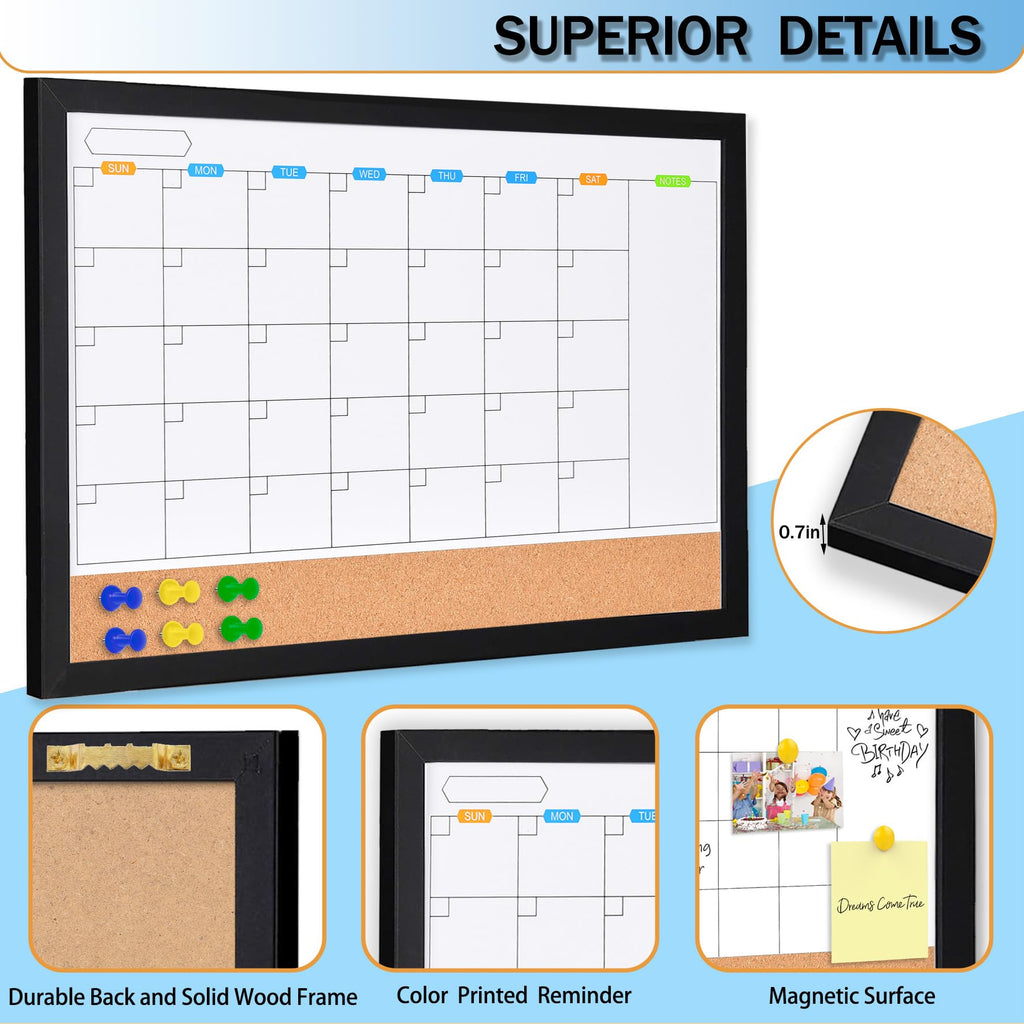 Marribol Monthly Whiteboard Calendar with Cork Board for Wall, 17"x13",Magnetic Dry Erase Board with Black Wood Framed,2-1 Wall Planner Whiteboard,Bulletin Board with Pins for Home,School,Office