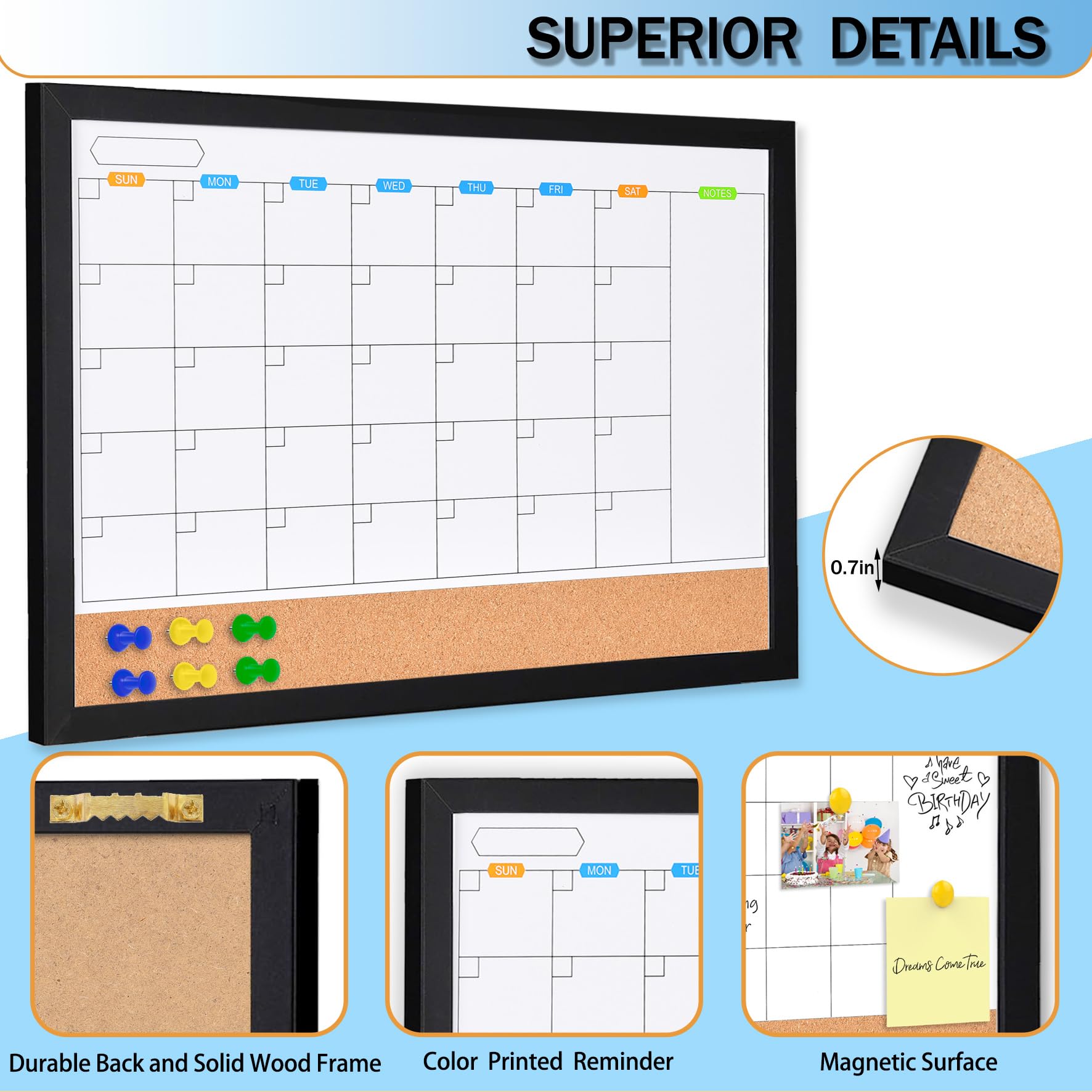 Marribol Monthly Whiteboard Calendar with Cork Board for Wall, 17"x13",Magnetic Dry Erase Board with Black Wood Framed,2-1 Wall Planner Whiteboard,Bulletin Board with Pins for Home,School,Office