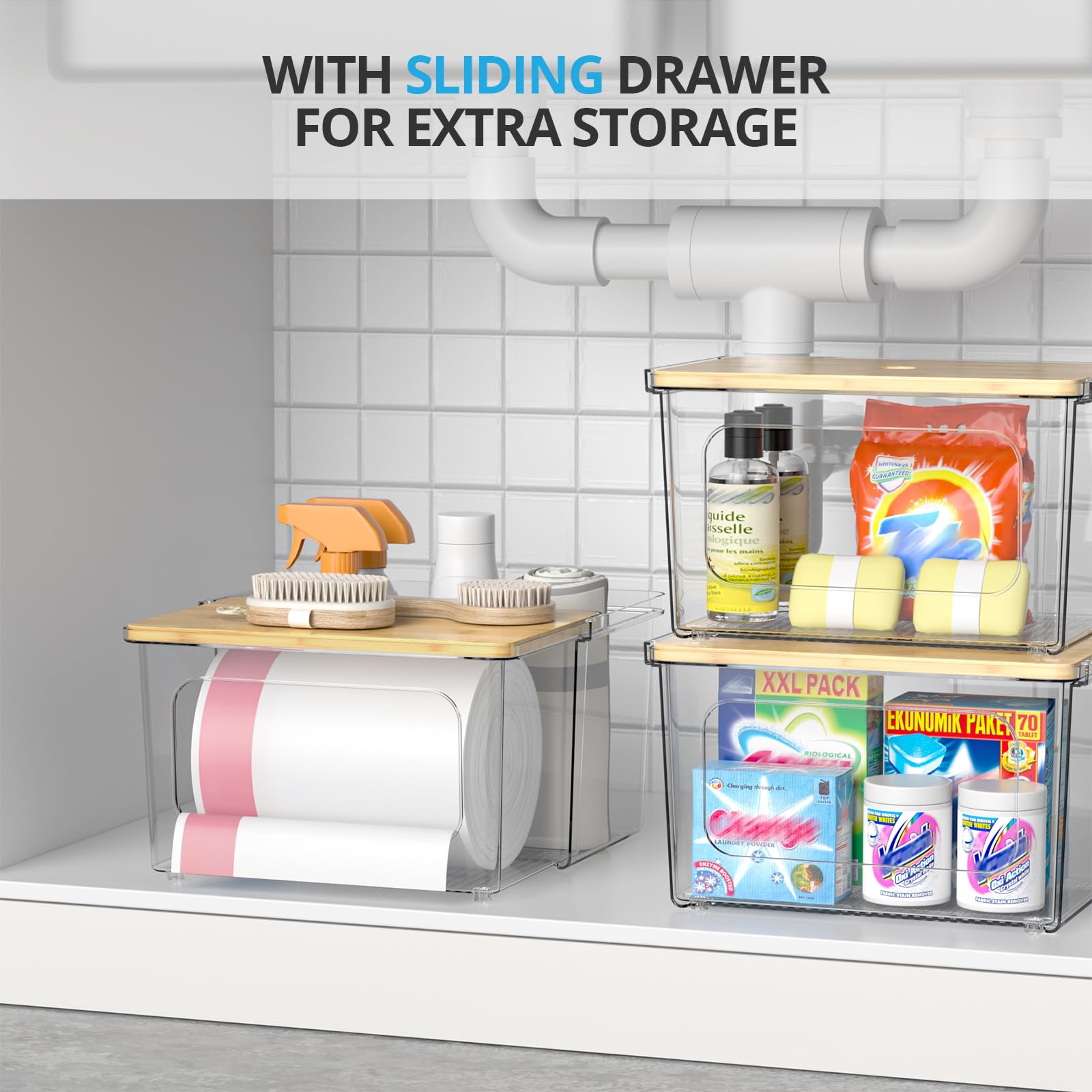 Tangyinus Trash Bag Dispenser Roll Holder - Clear Garbage Bag Holder with Bamboo Lid and Sliding Drawer Box, Kitchen, Under Sink, Laundry Room Organization and Storage