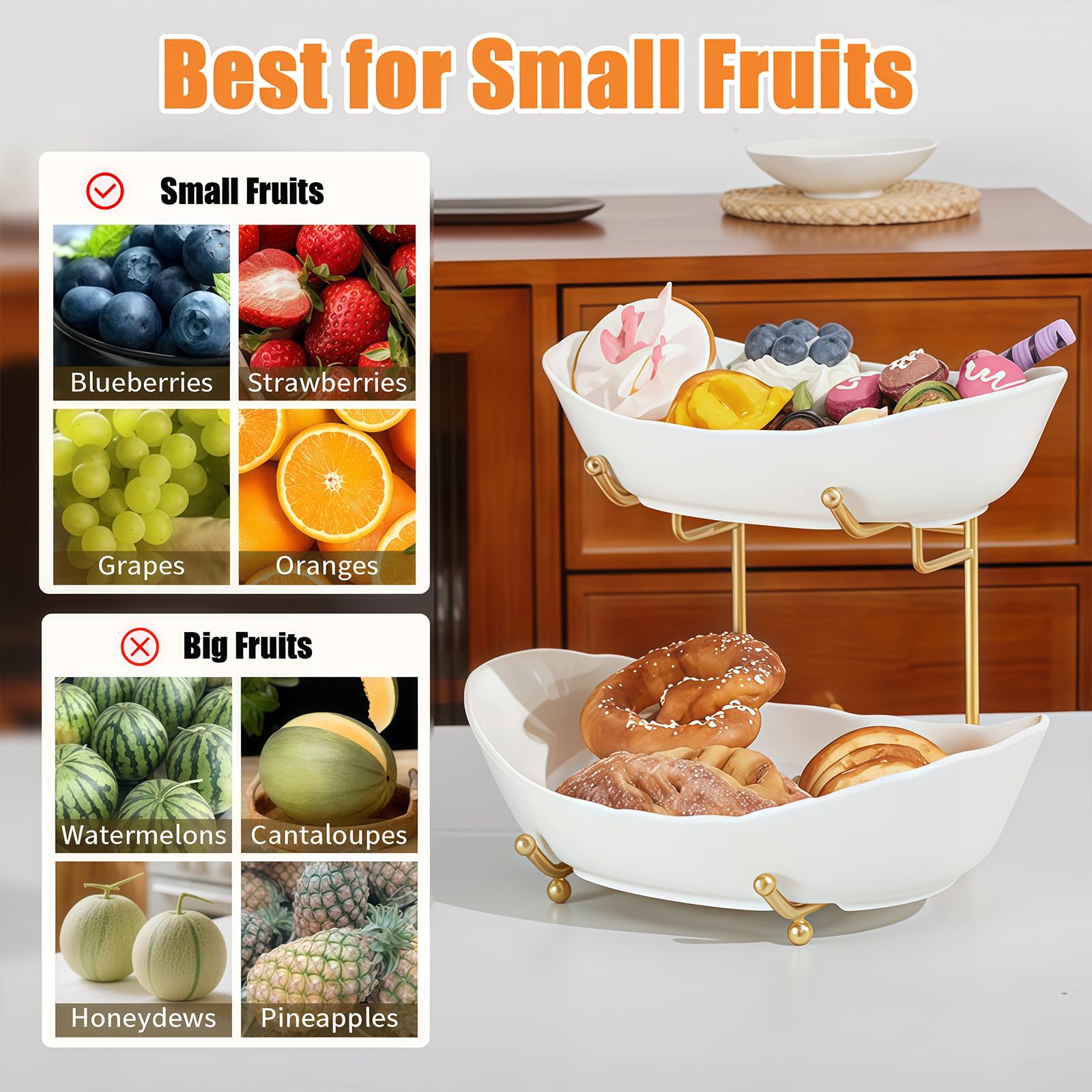 HOMKULA Fruit Bowl for Kitchen Counter - 2 Tier Ceramic Serving Bowls with Metal Stand, Tiered Fruit Basket for Fruit Vegetable Storage, Snack, Nuts, Cake, Dessert, Small & Cute (Gold&White) 1