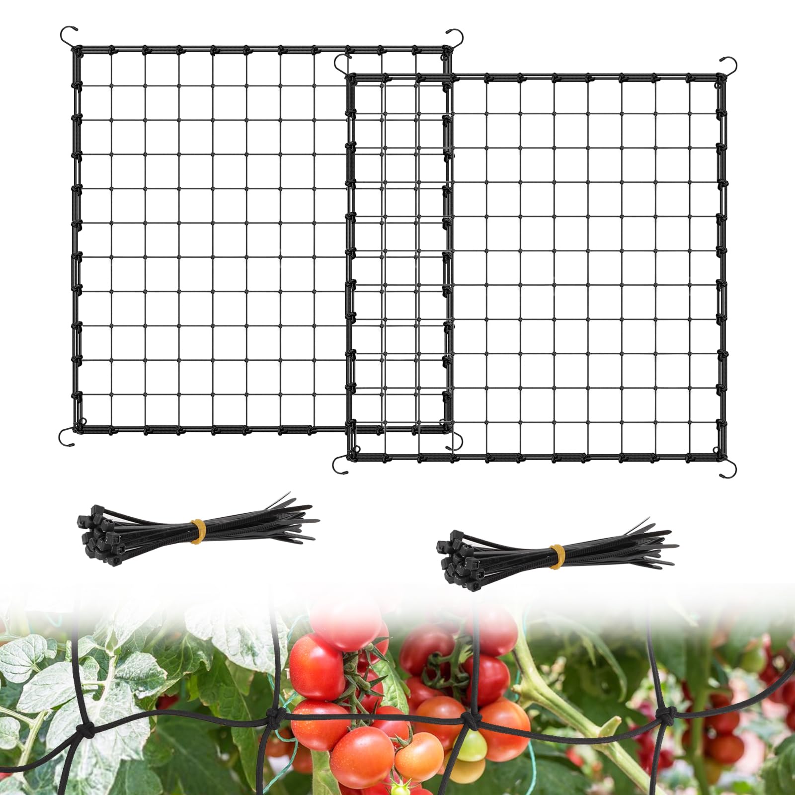 Qivine Grow Tent Net, 2 Pcs Plant Trellis Netting, 4 x4 Ft Elastic Plant Net with Hooks, Elastic Trellis Netting with Ties Support for Climbing Plants, Vegetables, Fruits, Flowers, Vines