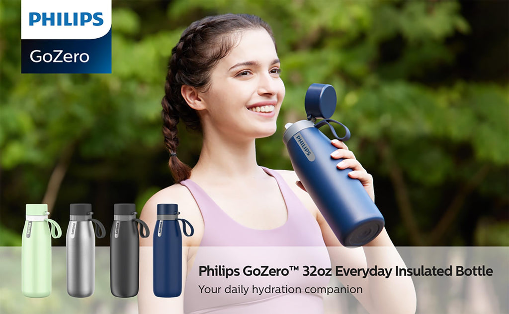 PHILIPS Stainless Steel Filtering Water Bottle - AWP2772, 32 oz Insulated Water Bottle with 1 Filter Lasts 2 Months or 40 Gallons, Replaces 450 Plastic Water Bottles, BPA-Free, Reusable, Blue