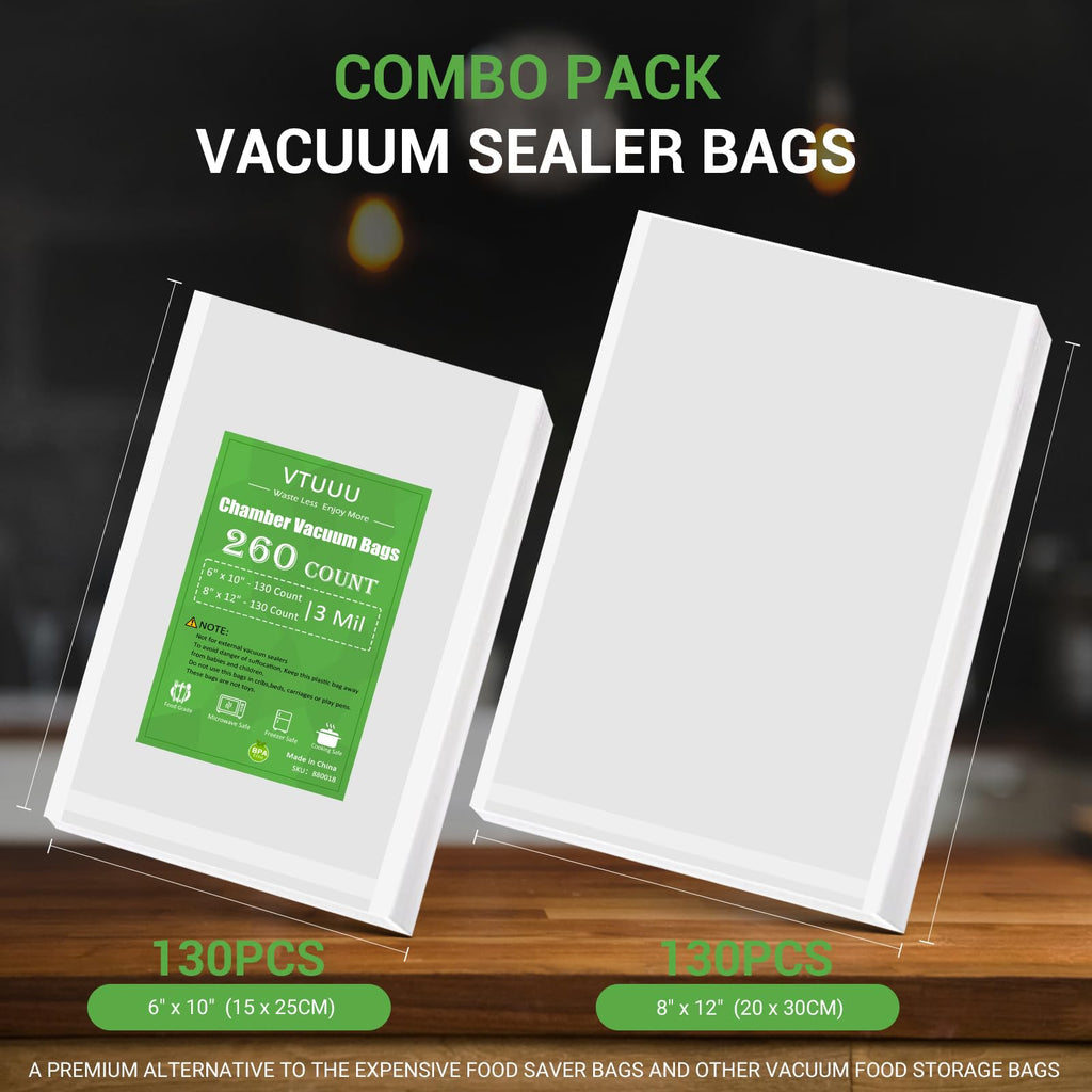 VTUUU Chamber Vacuum Sealer Bags 130 Quart size 8" x 12" and 130 Pint Size 6" x 10" For Vacuum Chamber Bags Pre-Cut Chamber Vacuum Bags- BPA-Free -Heavy Duty Chamber Machine Pouches