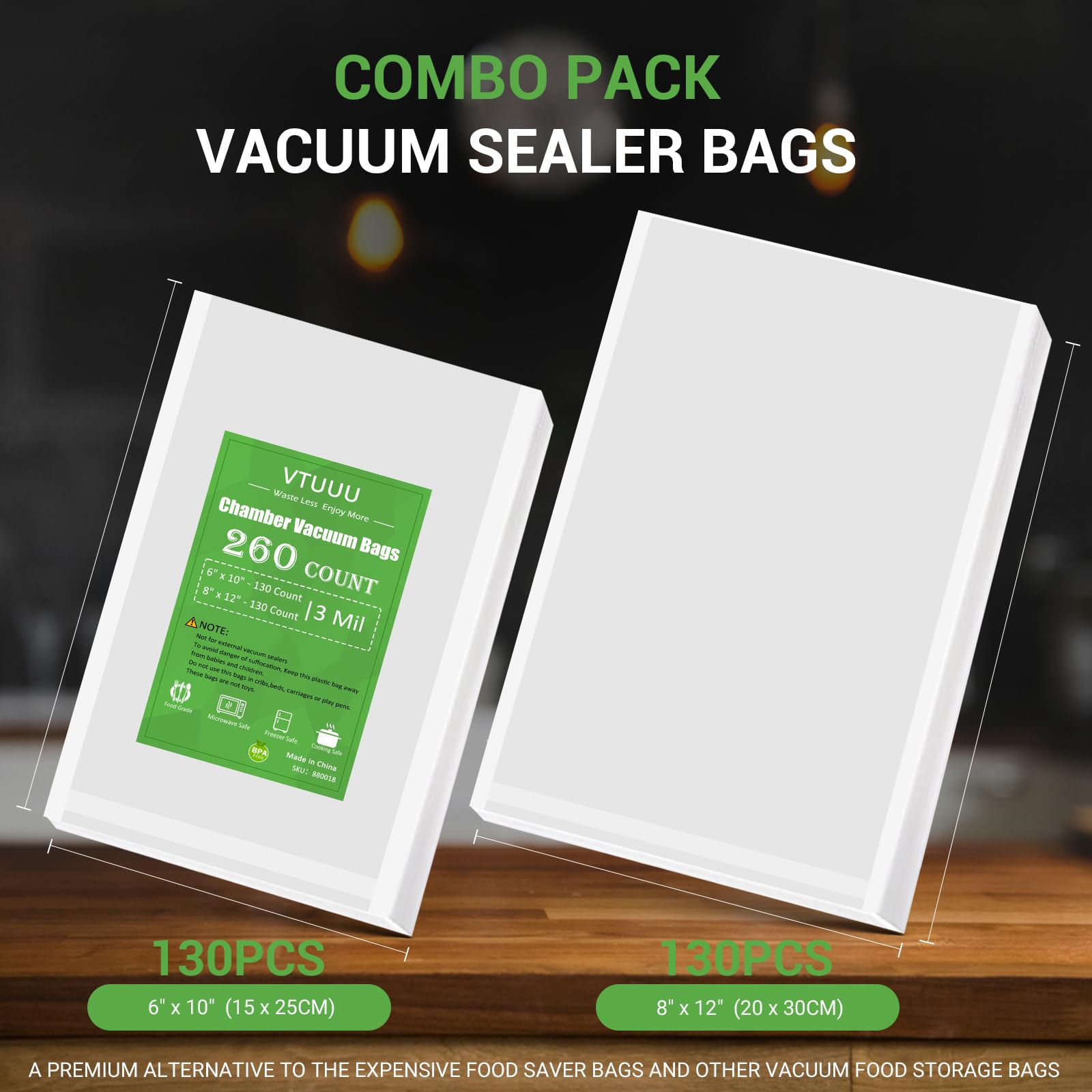 VTUUU Chamber Vacuum Sealer Bags 130 Quart size 8" x 12" and 130 Pint Size 6" x 10" For Vacuum Chamber Bags Pre-Cut Chamber Vacuum Bags- BPA-Free -Heavy Duty Chamber Machine Pouches
