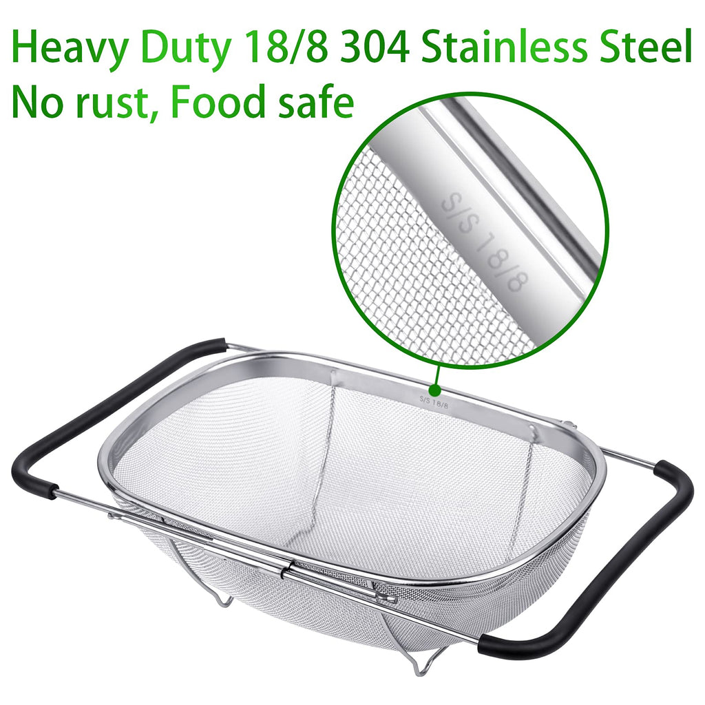 6-Quart Large Over The Sink Colander, 18/8 Stainless Steel Fine Mesh Strainer Basket with Expandable Rubber Grip Handles - Strain, Drain, Rinse Fruits, Vegetables