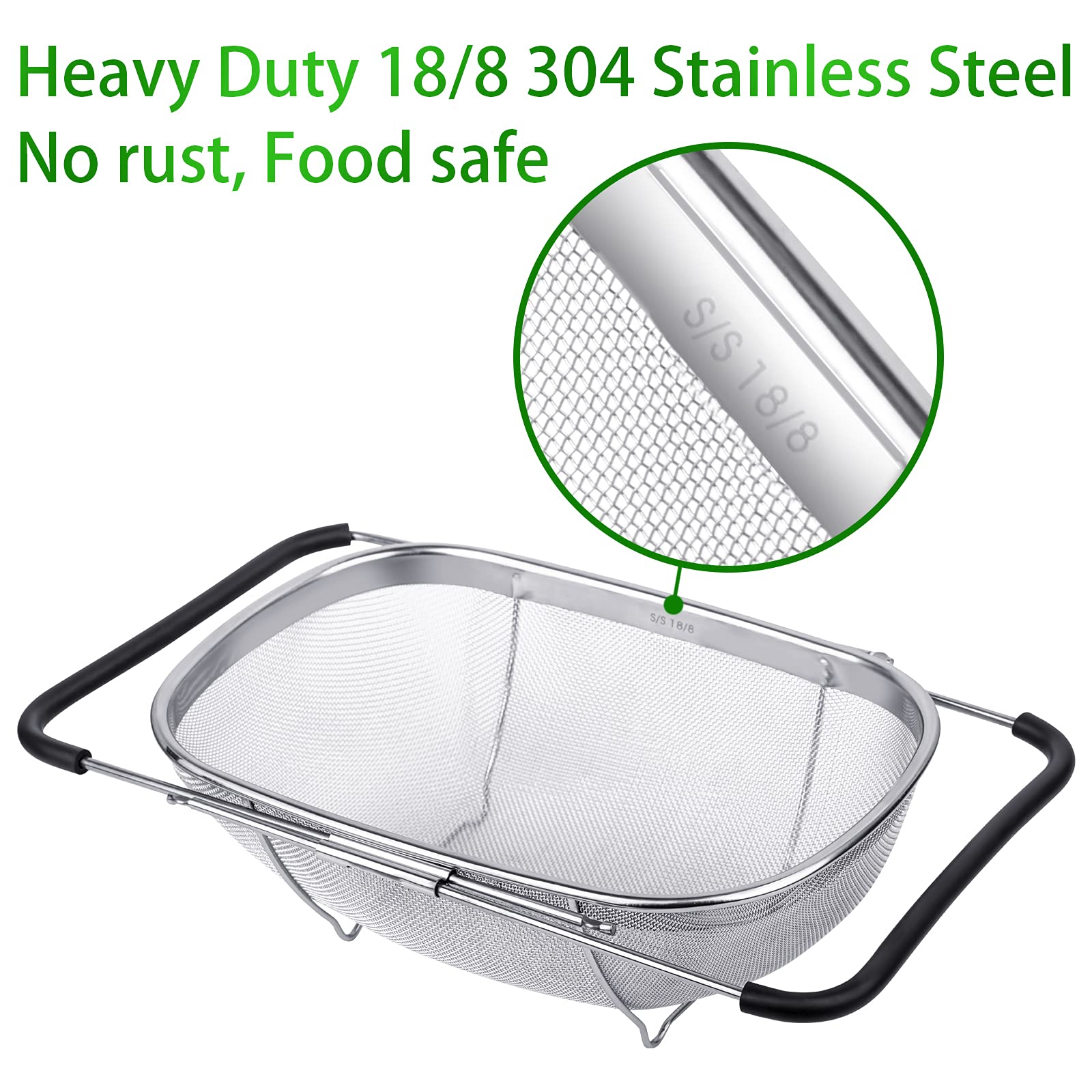 6-Quart Large Over The Sink Colander, 18/8 Stainless Steel Fine Mesh Strainer Basket with Expandable Rubber Grip Handles - Strain, Drain, Rinse Fruits, Vegetables