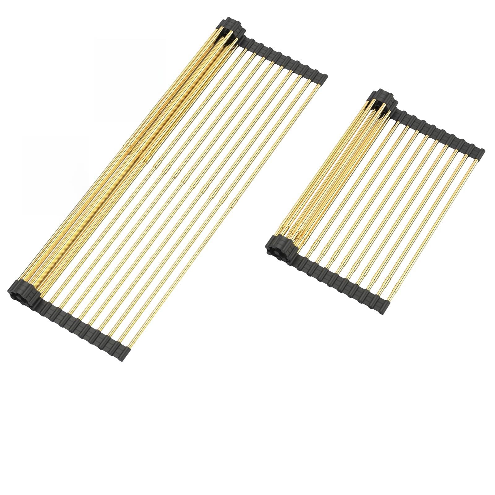 ARAINY Large Telescopic Draining Rack, Roll Up Heat-Resistant Dish Drainer for Stainless Steel Sinks, Non-Slip Silicone Rolling Dish Drainer Roll Rack Gold 18 tube12.59-21.25x12.79''
