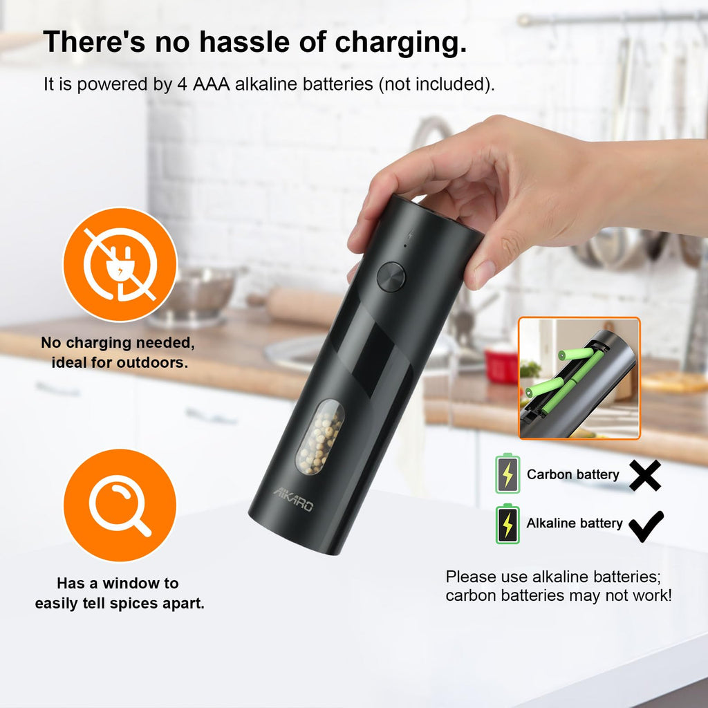 AIKARO - Electric Salt and Pepper Mill Automatic Spice Grinder, Battery Operated