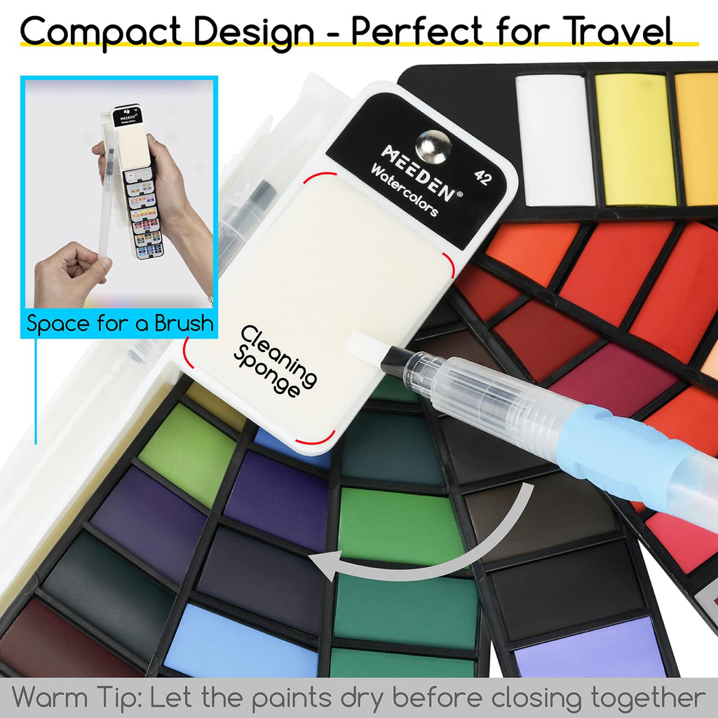 MEEDEN Travel Watercolour Paint Set: Portable 42 Assorted Water Colours Paint Kit with 4 Brushes