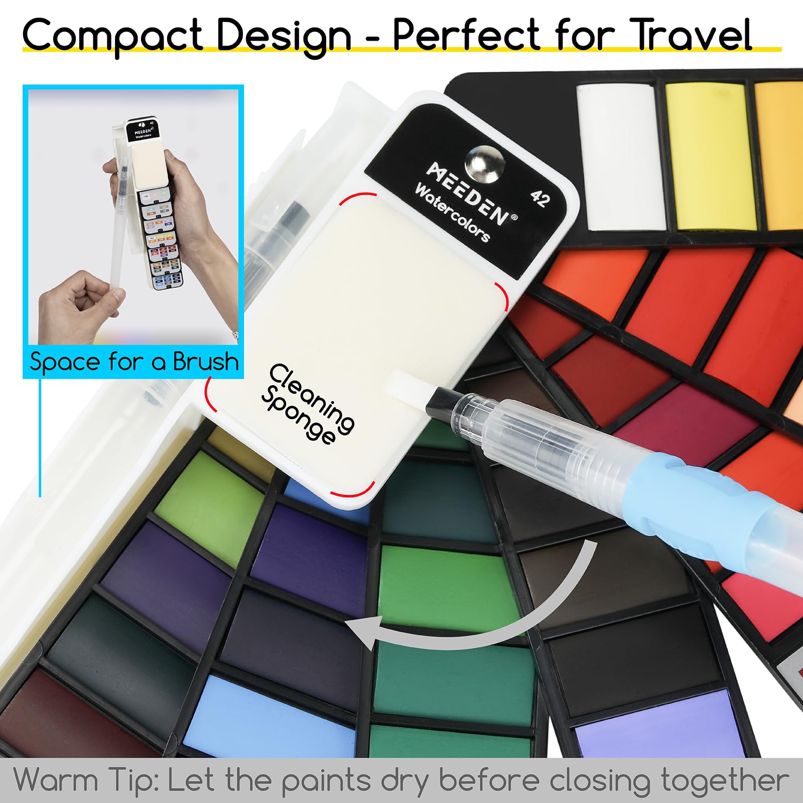 MEEDEN Travel Watercolour Paint Set: Portable 42 Assorted Water Colours Paint Kit with 4 Brushes