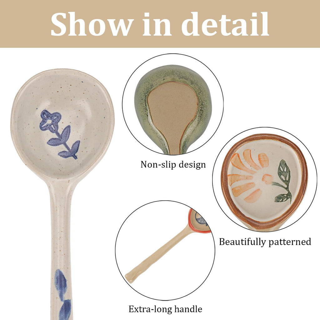 JANKOW 4 Pack Japanese Ceramic Soup Spoons, Long Handle Japanese Round Soup Spoon, Hand-Painted Porcelain Soup Spoons for Ramen Wonton Noodles Miso Dumplings