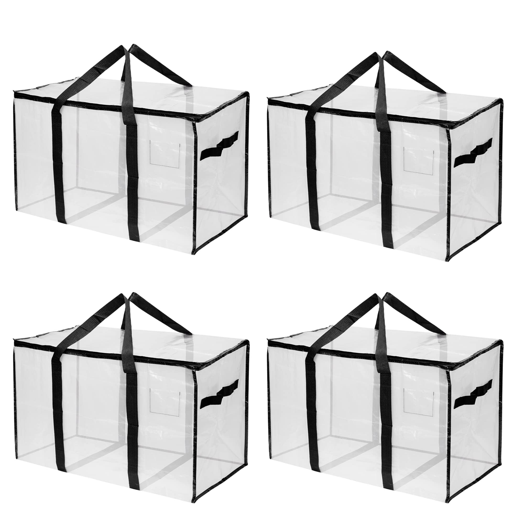 Ginsco Extra Large Heavy Duty Moving Bag Storage Totes Packing Bags Organizer Tote with Strong Handles Double Zippers for Transporting Organizing Travelling College Dorm Bedroom Closet (4 Pack, Clear)