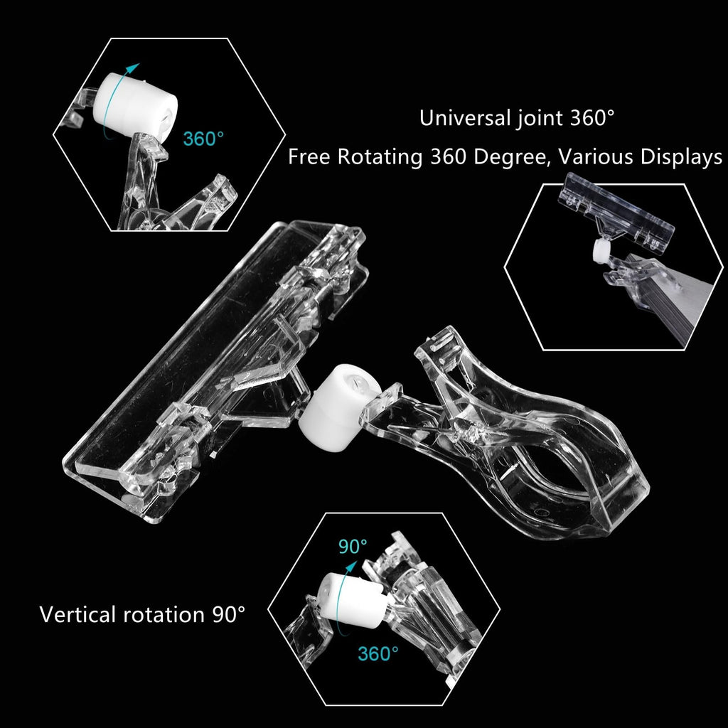ZOOFOX 50 Pack Plastic Sign Holder Clip, Clear Rotatable Pop Clip-on Holder Stand, Double Retail Clips Holder for Price Tag Label Sign Display