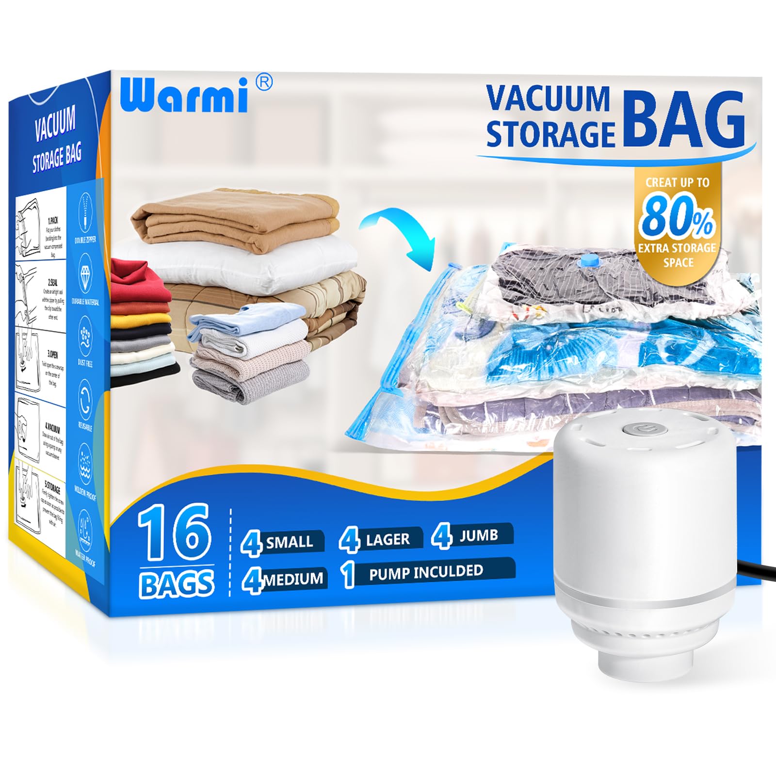 Warmi 16 Pack Vacuum Storage Bags with Electric Air Pump - Vacuum Sealer Bags for Clothes Storage, Blanket, Duvets, Pillows, Comforters, Home Storage & Organisation