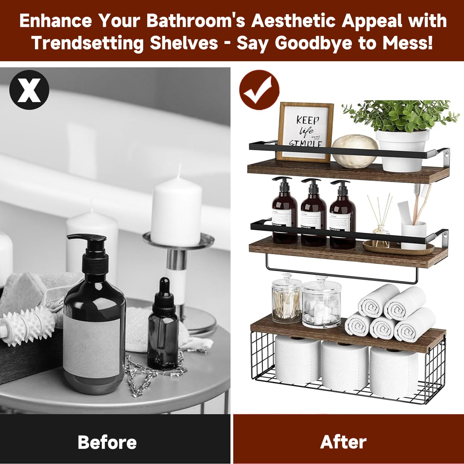 Rustic Bathroom Shelf Over Toilet - Stylish Bathroom Shelves Storage Organizer with Towel Bar - Floating Shelves Wall Mounted