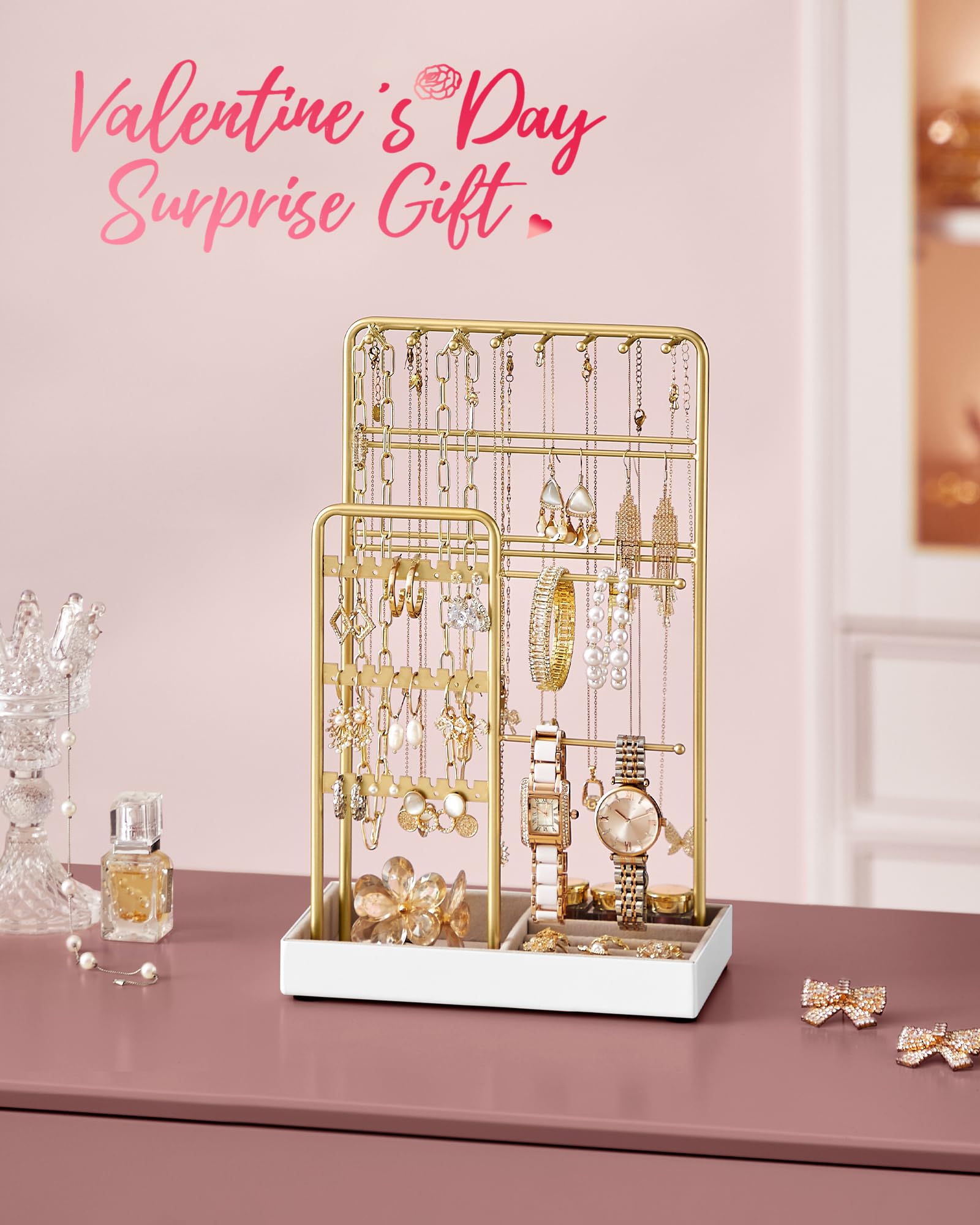 SONGMICS Jewelry Holder, Jewelry Organizer, Jewelry Display Stand with Metal Frame, Pale Gold UJJS021A01