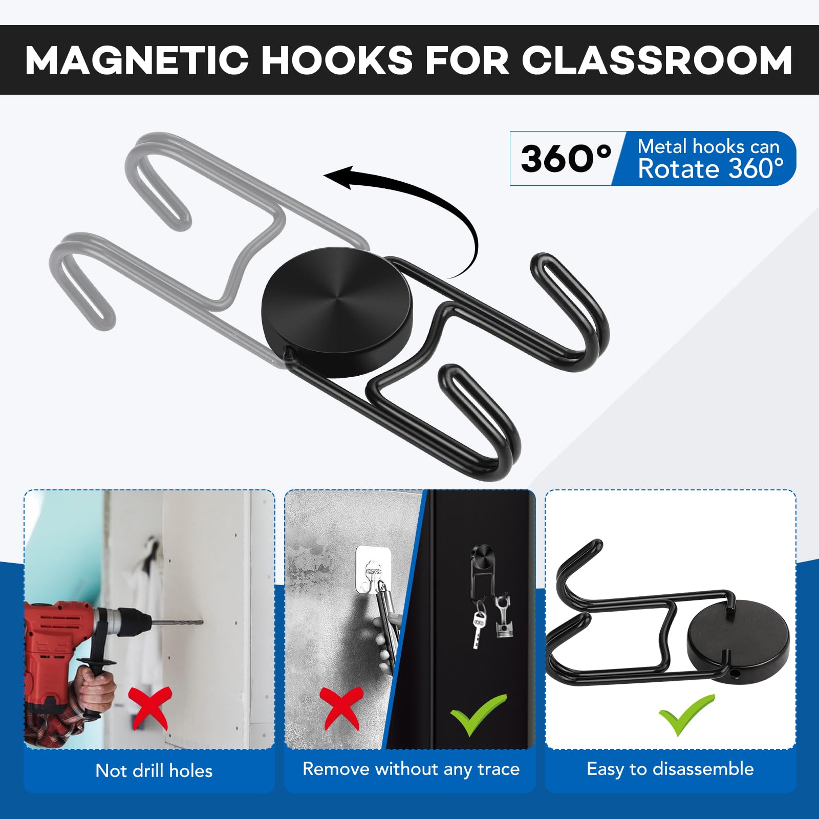LOVIMAG Magnet Hooks for Cruise Cabins, Swivel Magnets with Hooks, Cruise Ship Essentials, 80lbs Heavy Duty Magnet Hook for Fridge, Hanging, Whiteboard, and Strong Magnets, Black, 25mm -5 Pcs