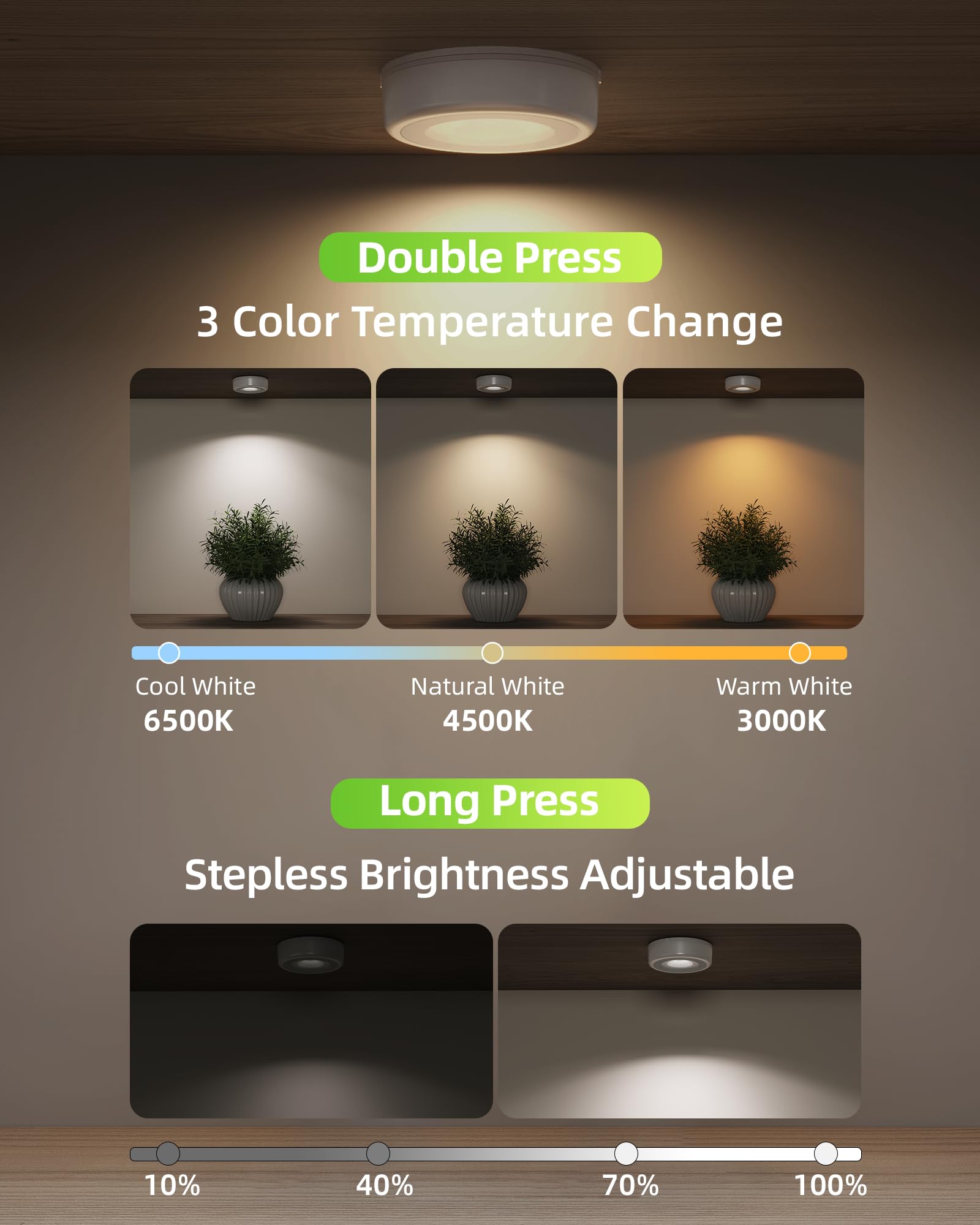 EZVALO LED Puck Lights, Rechargeable Sitck On Tap Lights, Wireless Closet Light, 3 Color Temps, Under Cabinet Lights, 2.5in Mini Touch Light, Ideal for Kitchen,Closet,Pantry,Shelves,Camper(6 Pack)