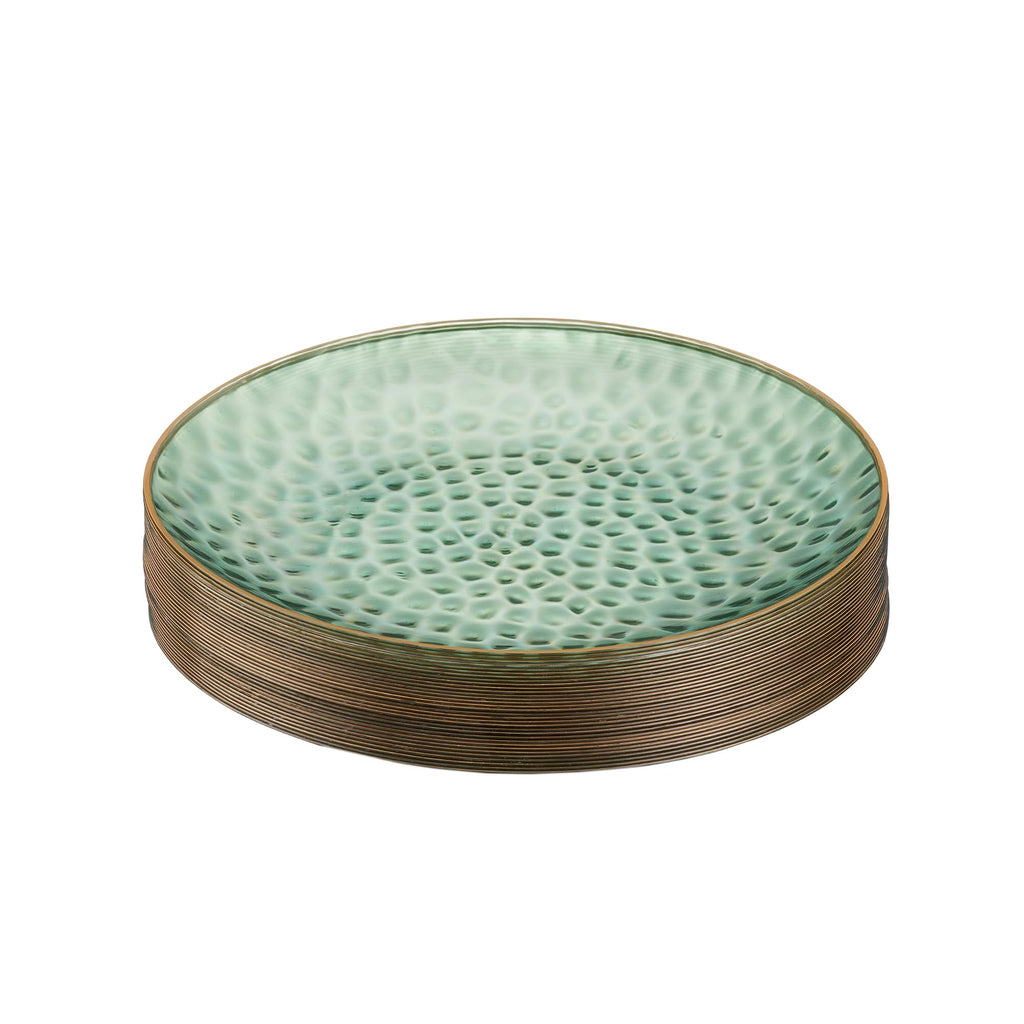 PLASTICPRO 30 Pack Hammered Plastic Plates Heavyweight Disposable Plastic Plates Elegant Clear Hammered Rim Platsic Party Dishes (Hamered Green With Gold Rim, 7'' INCH PLATES)