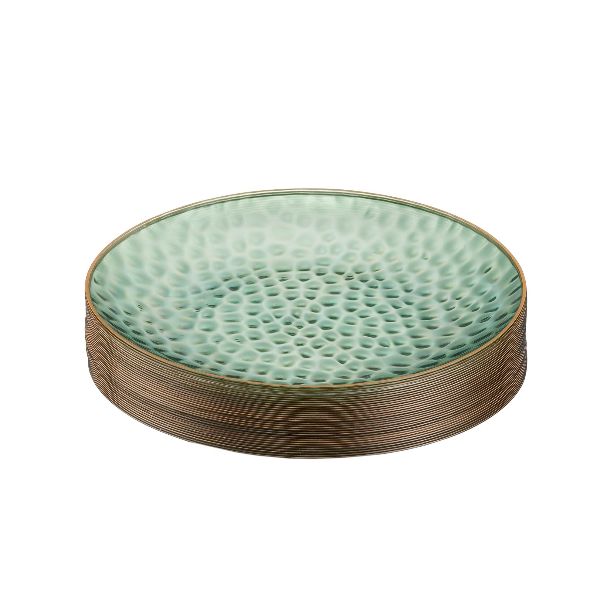PLASTICPRO 30 Pack Hammered Plastic Plates Heavyweight Disposable Plastic Plates Elegant Clear Hammered Rim Platsic Party Dishes (Hamered Green With Gold Rim, 7'' INCH PLATES)