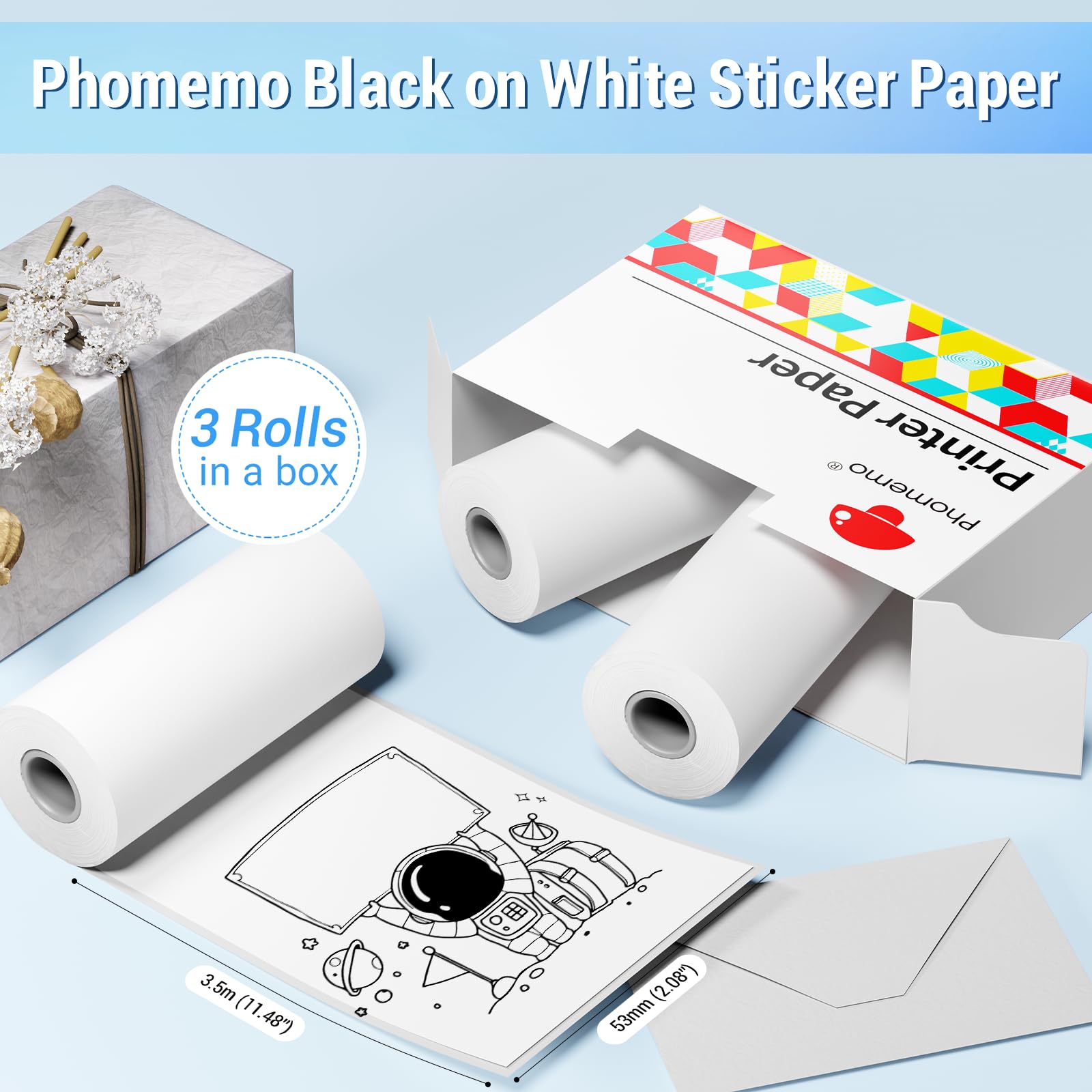 Phomemo White Self-Adhesive Thermal Paper, Glossy Printable Sticker Paper for Phomemo Portable Pocket Mobile Printer, 53mm x 3.5m, Diameter 30mm, 3-Roll