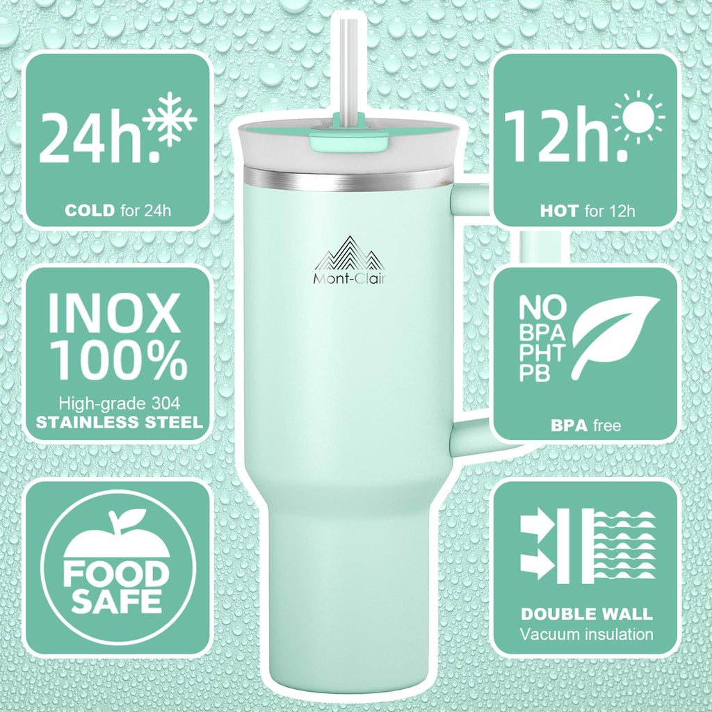 Mont-Clair 40oz Tumbler with Straw and Lid - Leakproof Insulated Stainless Steel Travel Mug with Handle - Travel Mug - Cold or Hot for 10 Hours - Iced for 48 Hours - 1200ml - Matcha Green