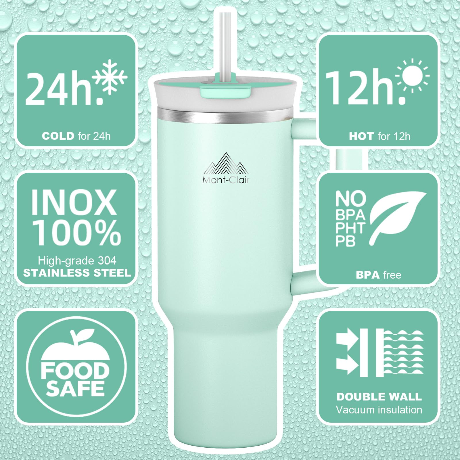 Mont-Clair 40oz Tumbler with Straw and Lid - Leakproof Insulated Stainless Steel Travel Mug with Handle - Travel Mug - Cold or Hot for 10 Hours - Iced for 48 Hours - 1200ml - Matcha Green