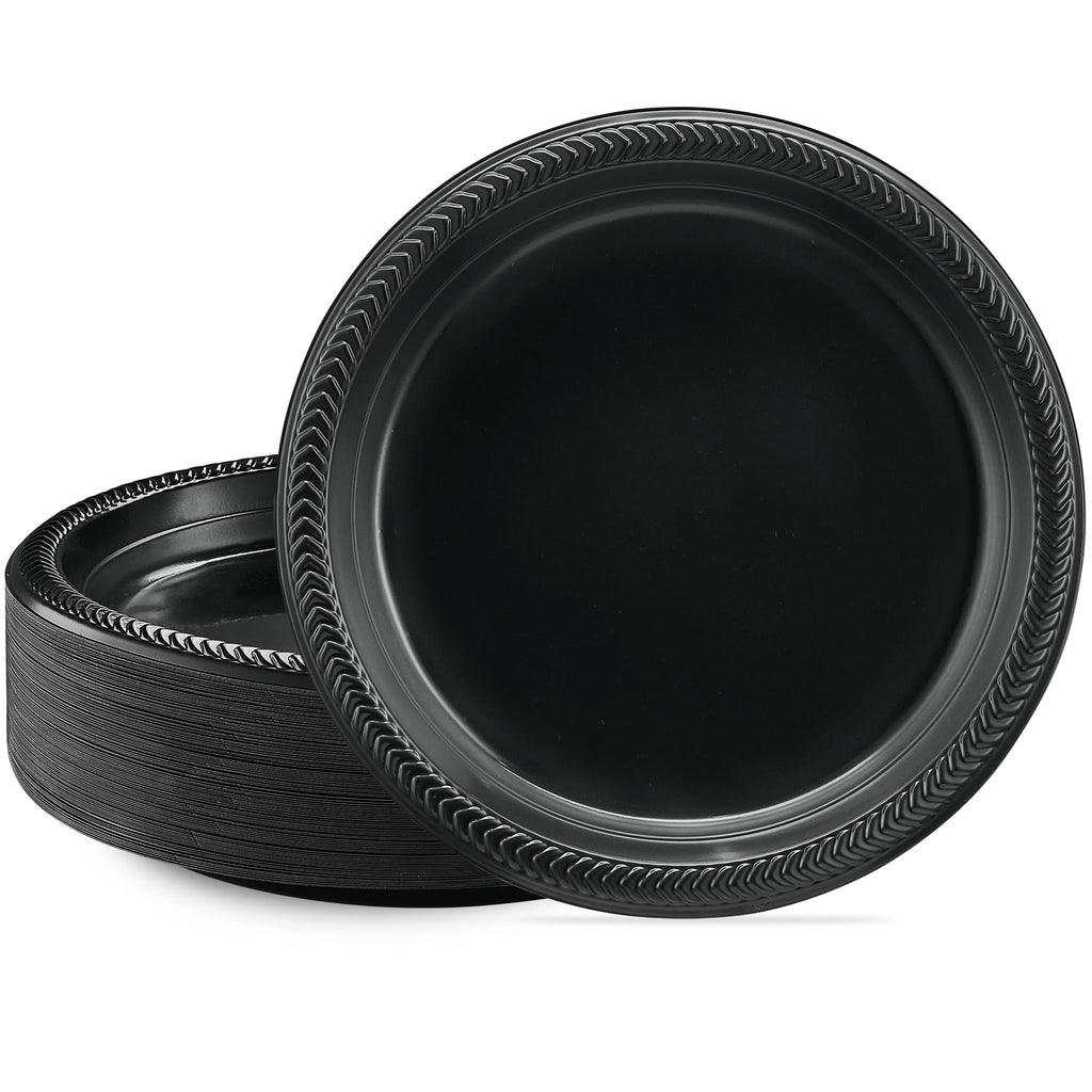 PLASTICPRO 100 PCS Black Plastic Plates Light Weight 9 Inch Plastic Dinner Plates Black Plates Disposable for Party and Wedding