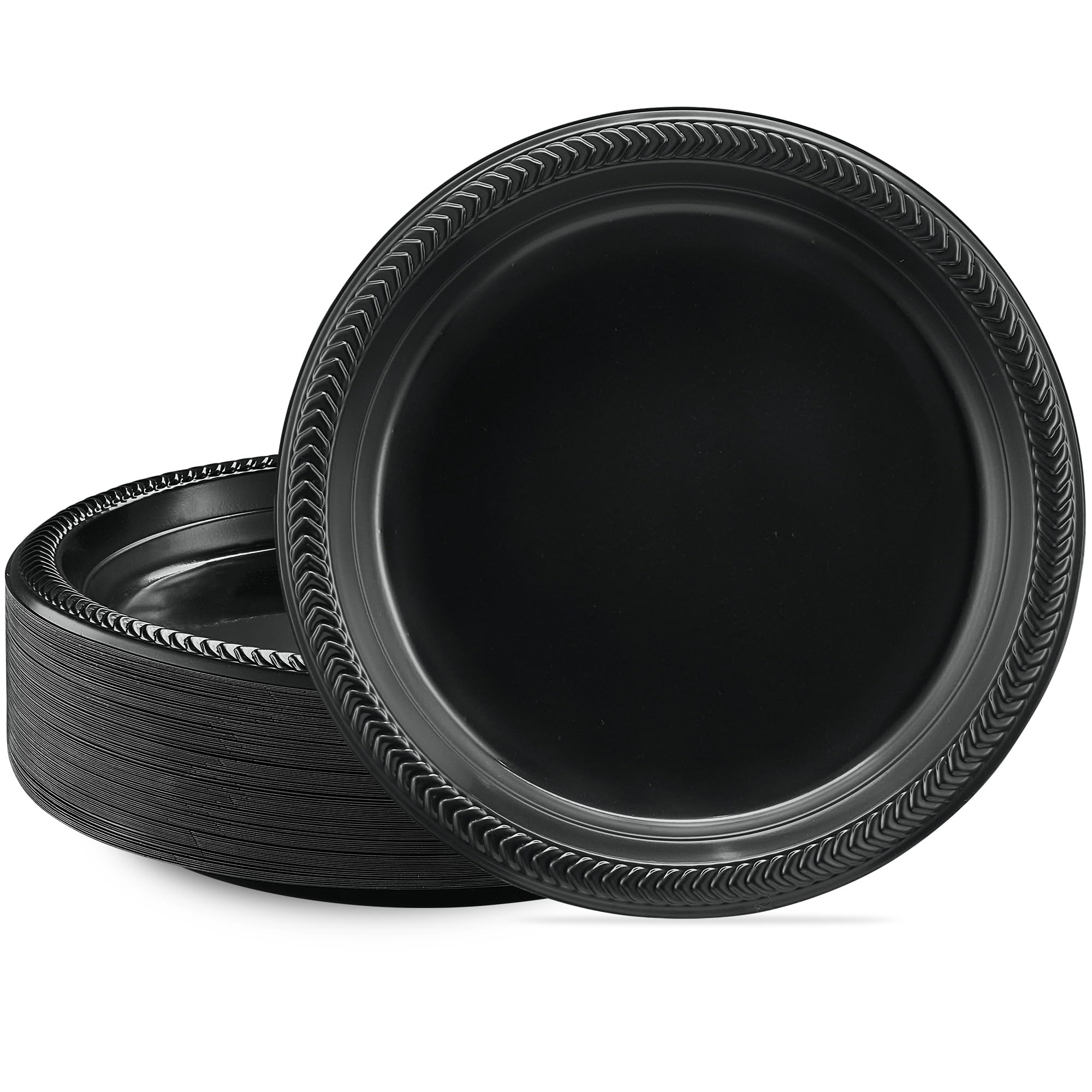 PLASTICPRO 100 PCS Black Plastic Plates Light Weight 9 Inch Plastic Dinner Plates Black Plates Disposable for Party and Wedding