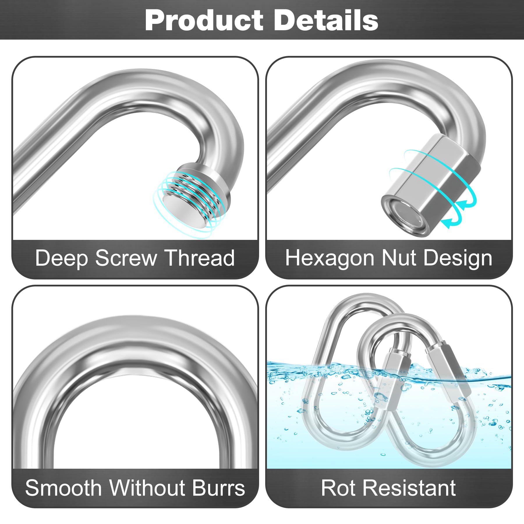 M6-50 Pack 2.3” Quick Links Chain Connectors, 1/4″ Galvanized Chain Locking Carabiners Hooks, 620LBS Heavy Duty Thread Quick Link Clips, Twist Oval Keychain D Shape for Swing, Camping