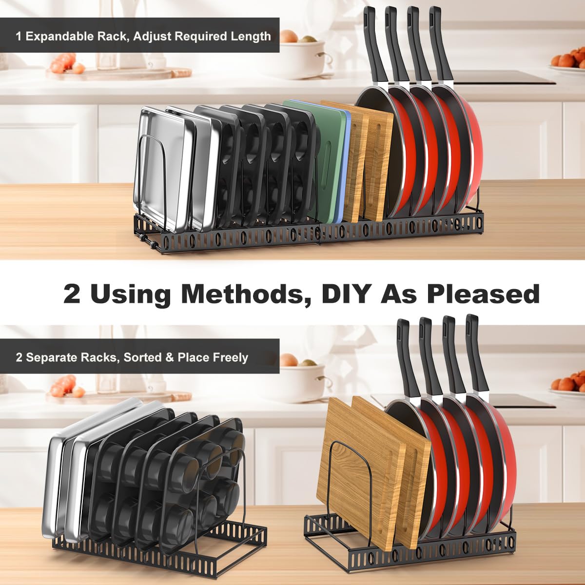 Housolution Cutting Board Organizer Rack, Expandable Baking Tray and Cookie Sheet Organizer with 14 Adjustable Dividers, Bakeware Organizer Pot and Pan Holder for Cabinet, Black