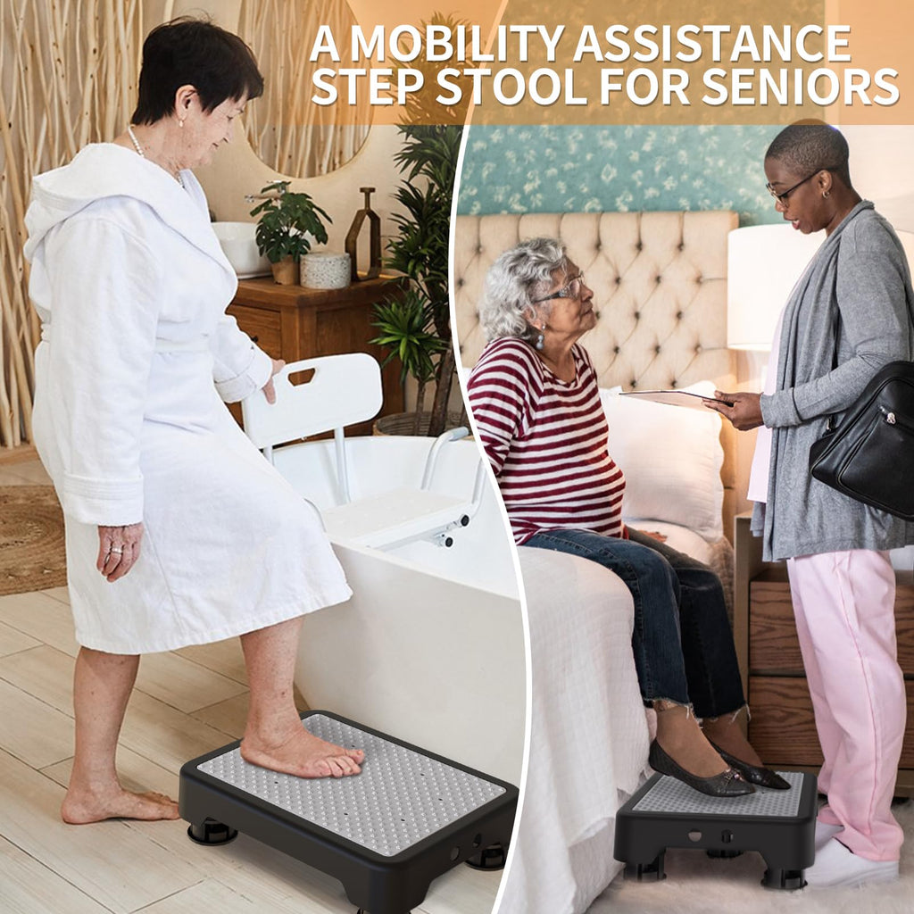 Ronlap One Step Stools for Adults, Portable Safety Step Platform for Seniors Small Plastic Bedside Mobility Wide Stepstools Elderly Assistance, Black-Gray