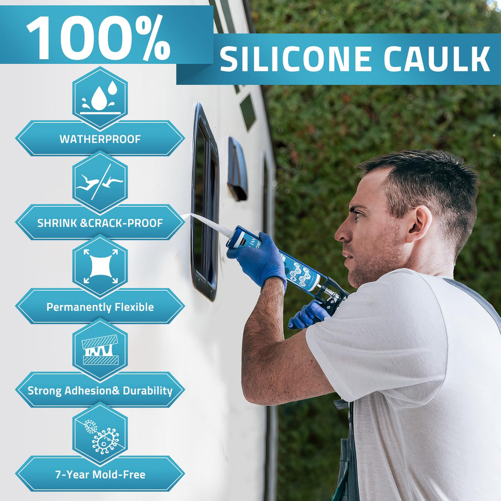 PAULINN Black Silicone Sealant,100% Waterproof Silicone Adhesive Caulk for Rv Marine Home Window Roof Door Kitchen Bathroom Bathtub Shower Auto Leak Seal, 10.2 Oz, 1 Pack