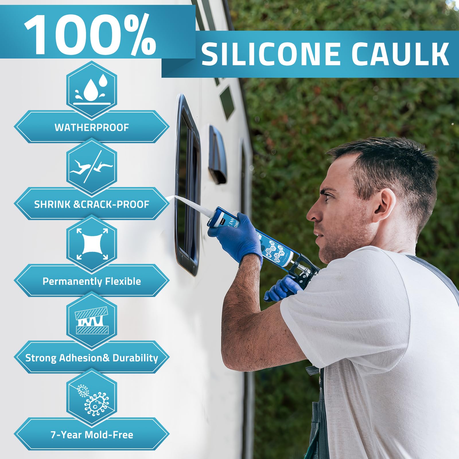 PAULINN Black Silicone Sealant,100% Waterproof Silicone Adhesive Caulk for Rv Marine Home Window Roof Door Kitchen Bathroom Bathtub Shower Auto Leak Seal, 10.2 Oz, 1 Pack