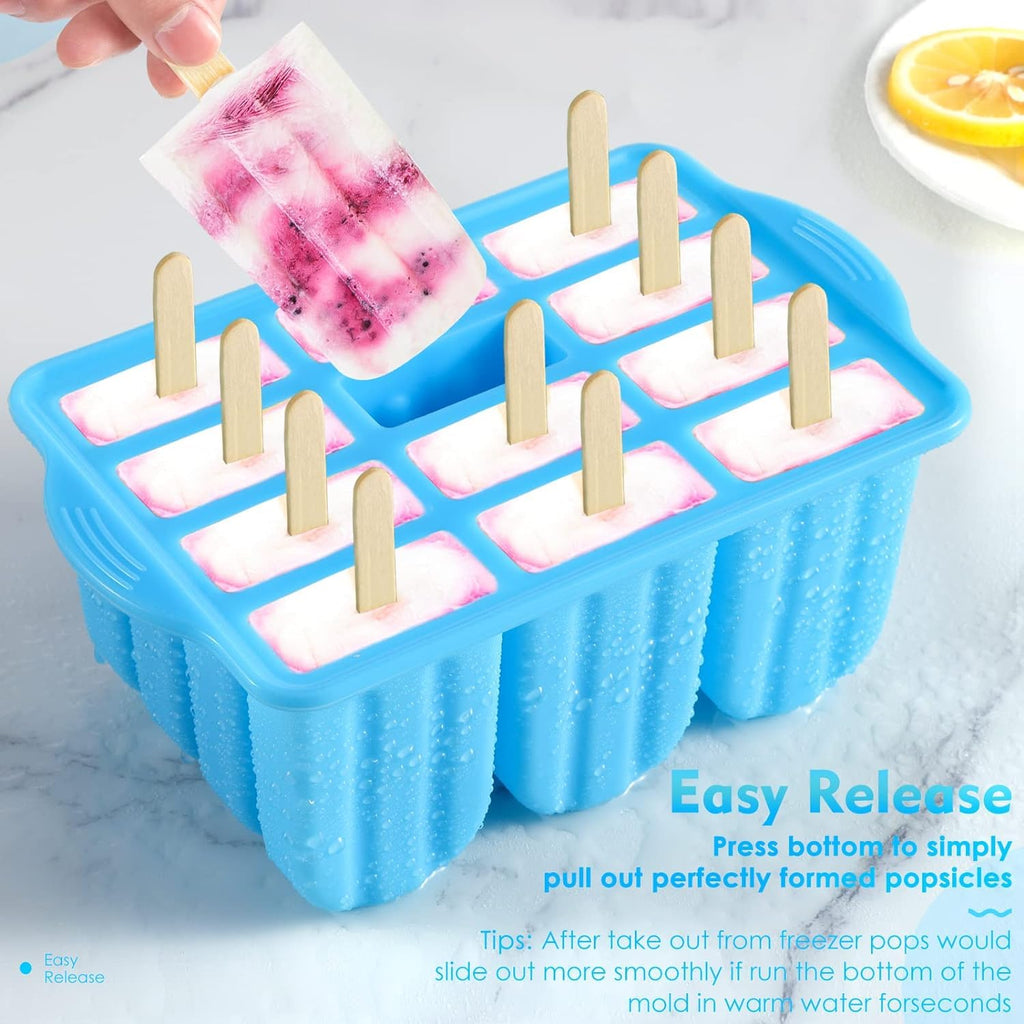 POLCANUR Popsicle Molds Silicone BPA-Free,12 Pieces Popsicle Trays for Freezer,Homemade Ice Cream Popsicle Molds,Large Ice Pop Maker Set,Reusable Ice Lolly Mould with 50PCS Popsicle Sticks