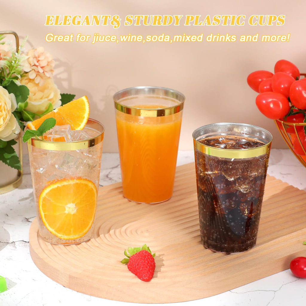 60PCS 12oz Plastic Cups with Gold Rim, Clear Plastic Cups, Heavy-Duty Disposable Hard Plastic Glasses, Party Cups for Wedding Birthday Party Bridal Showers Christmas Picnic