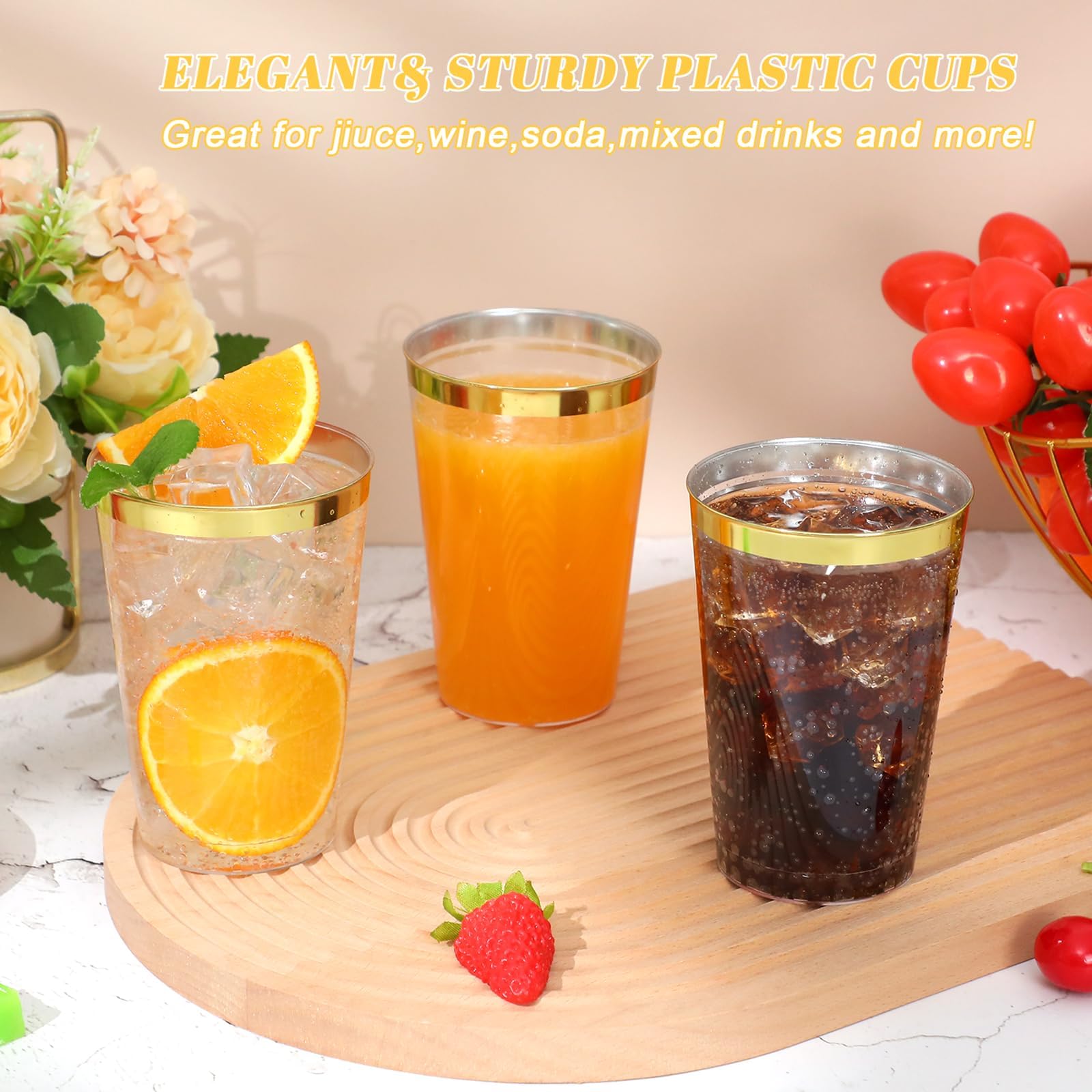 60PCS 12oz Plastic Cups with Gold Rim, Clear Plastic Cups, Heavy-Duty Disposable Hard Plastic Glasses, Party Cups for Wedding Birthday Party Bridal Showers Christmas Picnic