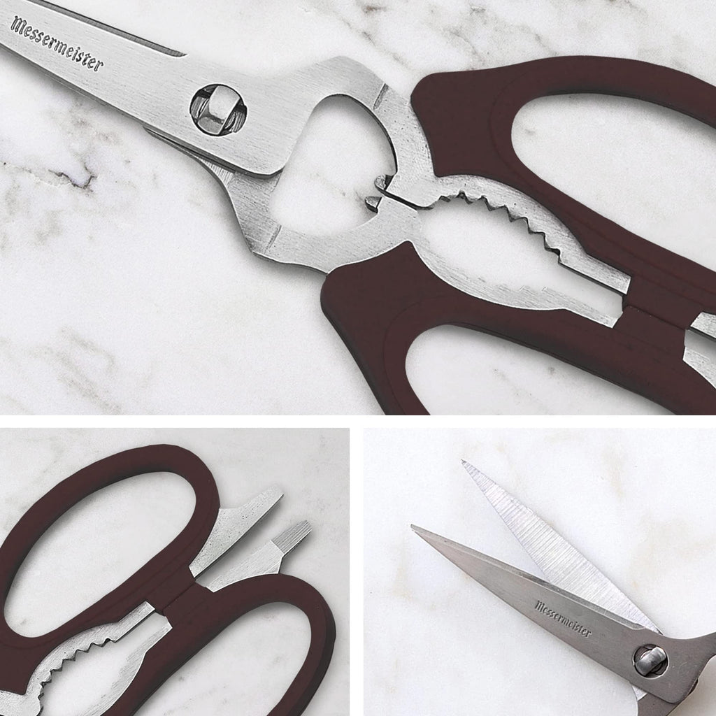 Messermeister 8-Inch Take-Apart Kitchen Scissors, Black - Includes Screwdriver, Nut Cracker, Jar Lid Opener/Gripper, Bottle Opener & Bone + Twig Cutter - Suitable for Lefties & Righties