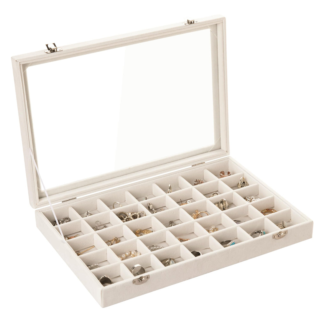 Frebeauty Velvet Jewelry Tray 35 Grid Jewelry Organizer with Clear Lid Transparent Earring Organizer Holder Case with Clasp Drawer Insert for Rings Studs Gift for Women Girls(Beige 35 Grid)