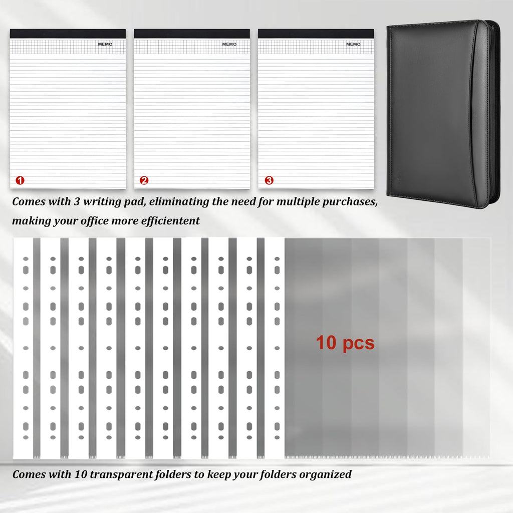 Leathario Portfolio, Vegan Leather 3-Ring Binder with Zipper, A4 Padfolio, Includes 10 Sheet Protectors and 3 Notepads, Multi-Pocket Document Holder for Tablets, Files, Notepads, Office Supplies