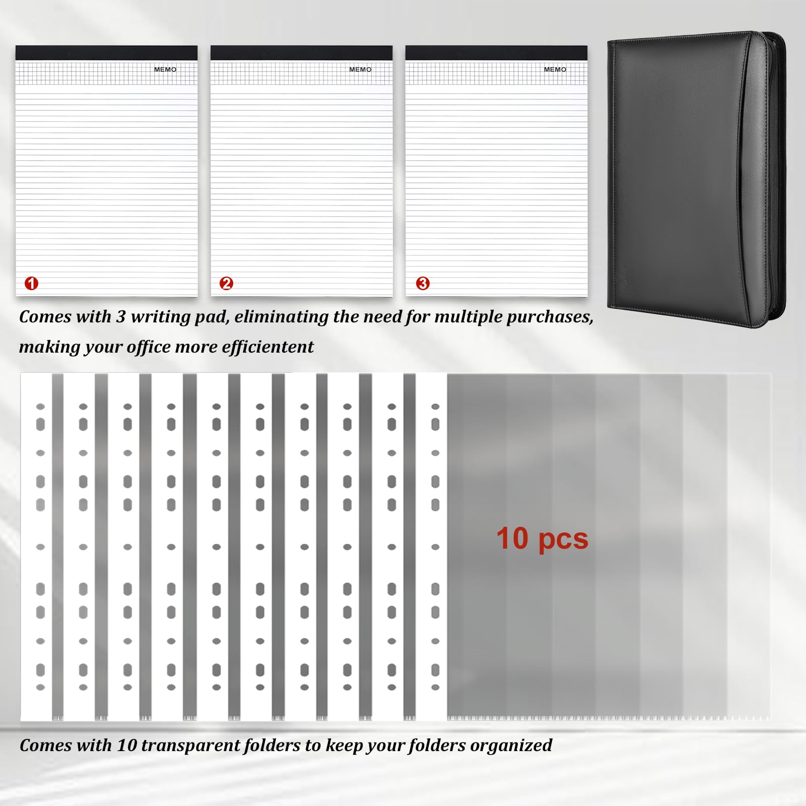Leathario Portfolio, Vegan Leather 3-Ring Binder with Zipper, A4 Padfolio, Includes 10 Sheet Protectors and 3 Notepads, Multi-Pocket Document Holder for Tablets, Files, Notepads, Office Supplies