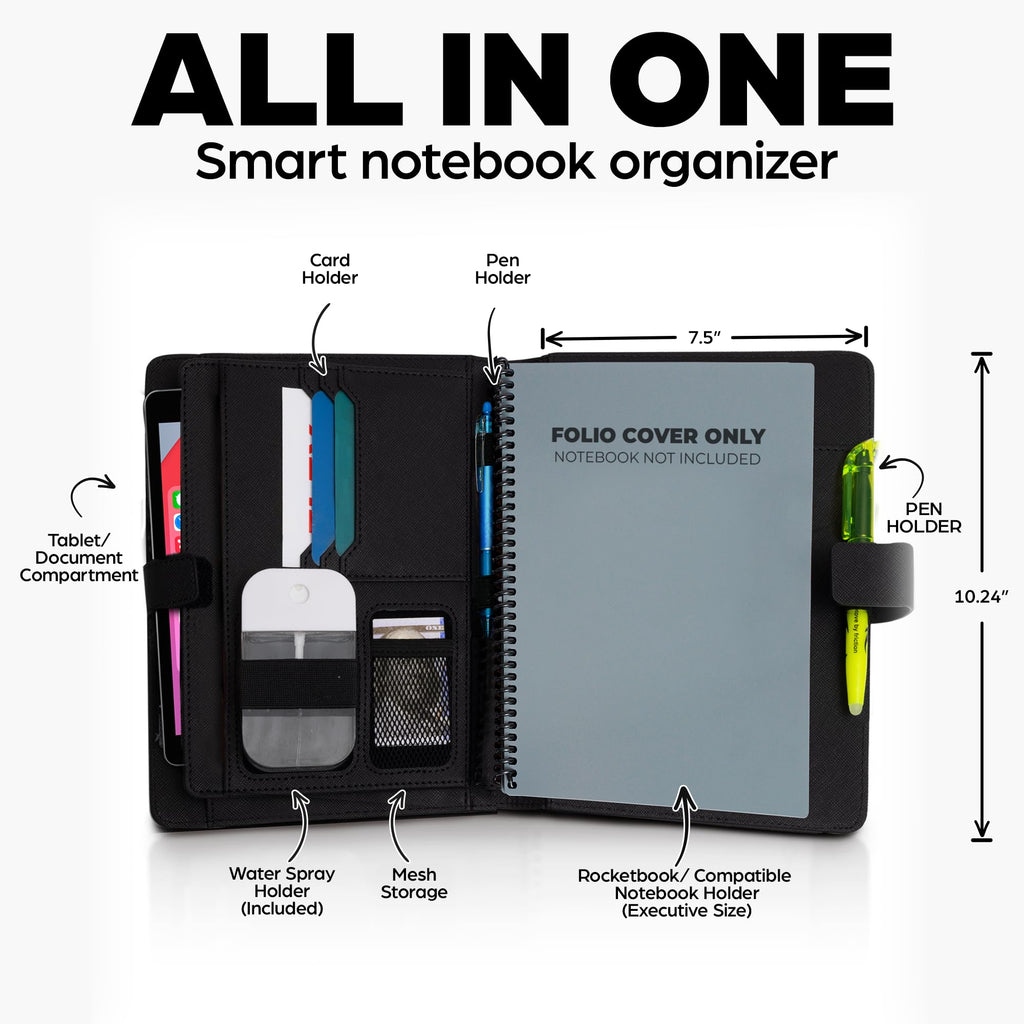 Premium Folio Cover Compatible with Rocketbook Everlast, Wave, Fusion, Panda, Smart Reusable Notebook - Executive Size A5 Portfolio Organizer Multiple Pockets & Sections Fits 6 x 8.8" Smart Notebook