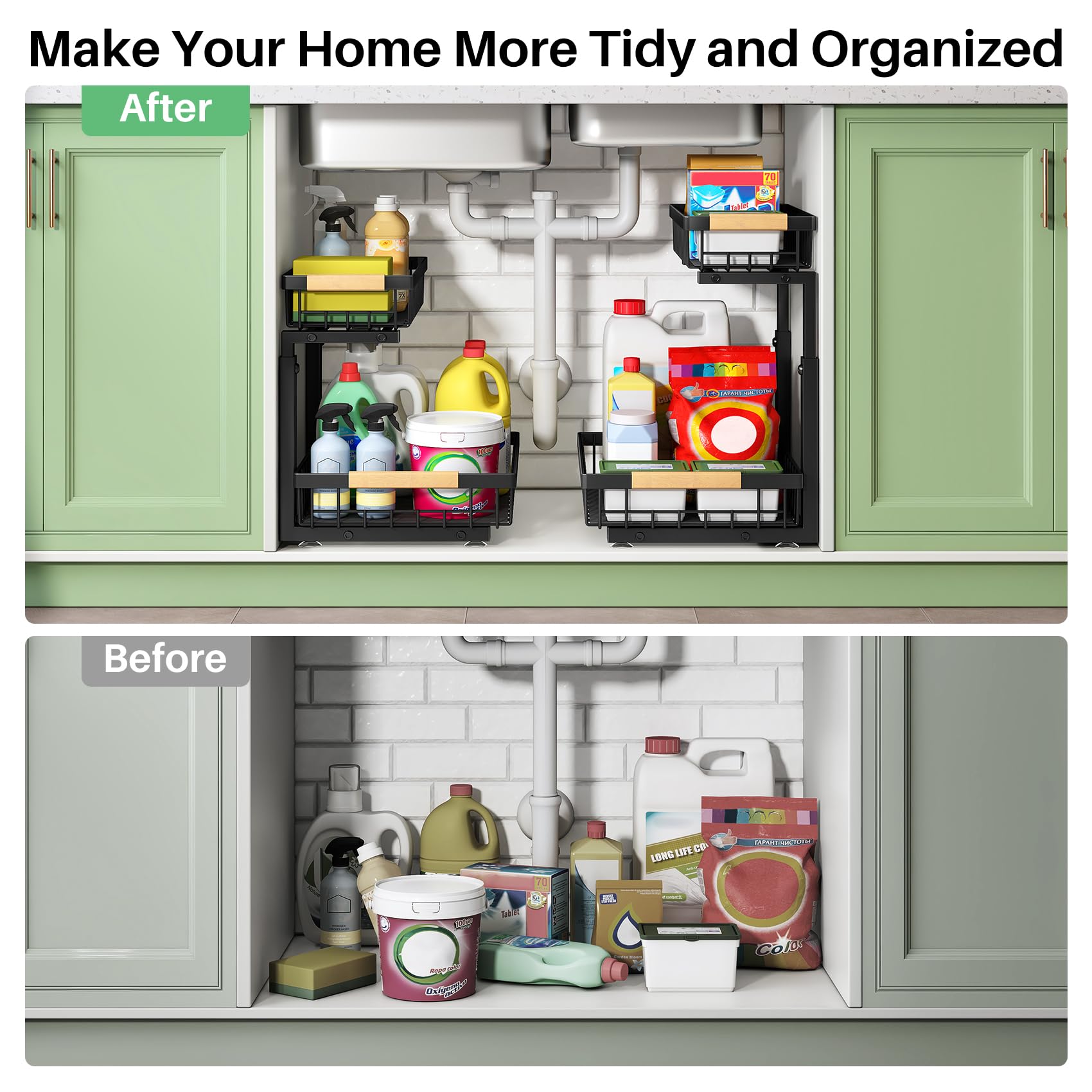 Kitstorack 2 Tier Under Sink Organizer, Slide Out Metal Kitchen Cabinet Organizers Drawer Shelf, Sliding Storage Shelves for Kitchen Bathroom Pantry Cabinet Closet Organization Rack