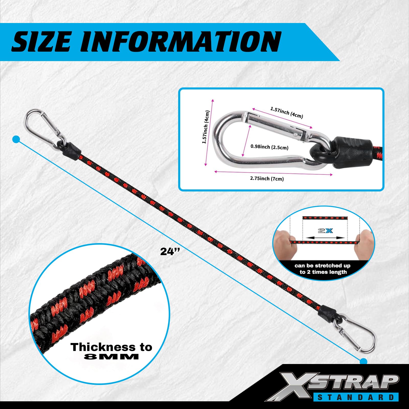 XSTRAP STANDARD 6PK Bungee Cords with Carabiners 24 Inch Heavy Duty Straps Strong Elastic Rope Locks onto Anchor Points of Luggage Rack/Cargo/Camping