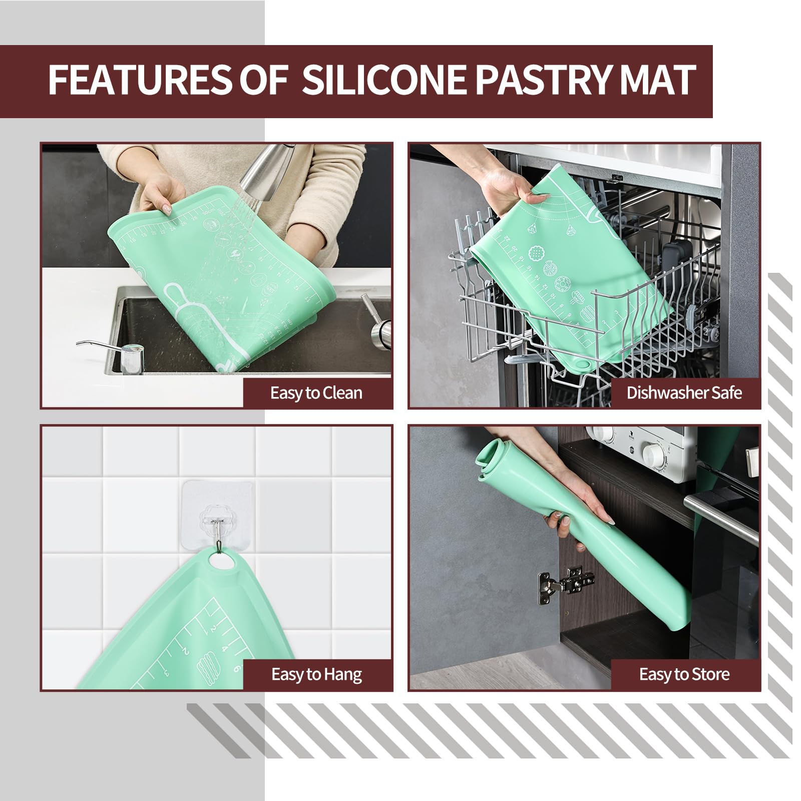 Silicone Baking Mat, Extra Thick Dough Rolling Pad with Measurements and Edge Heightening, Non-Stick Food Grade Silicone Pastry Mat for for Pastry, Bread, Cookies (Matcha Green Edge Up, 20x28 Inch)